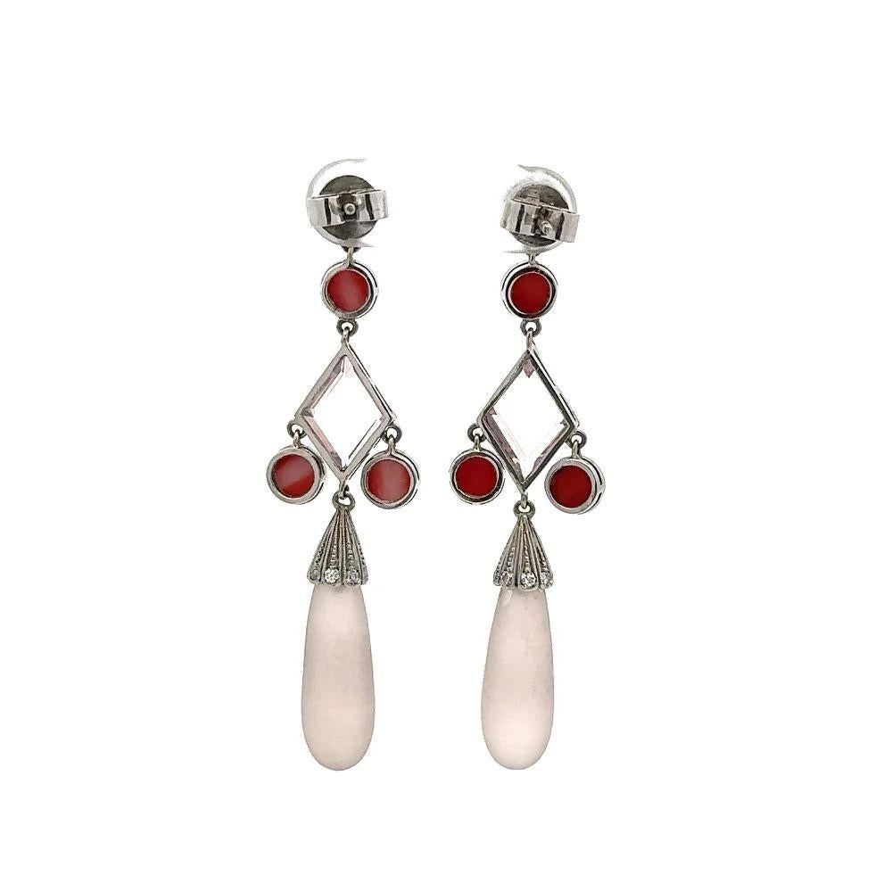 Vintage Rose Quartz and Round Coral Platinum Statement Drop Earrings In Excellent Condition For Sale In Montreal, QC