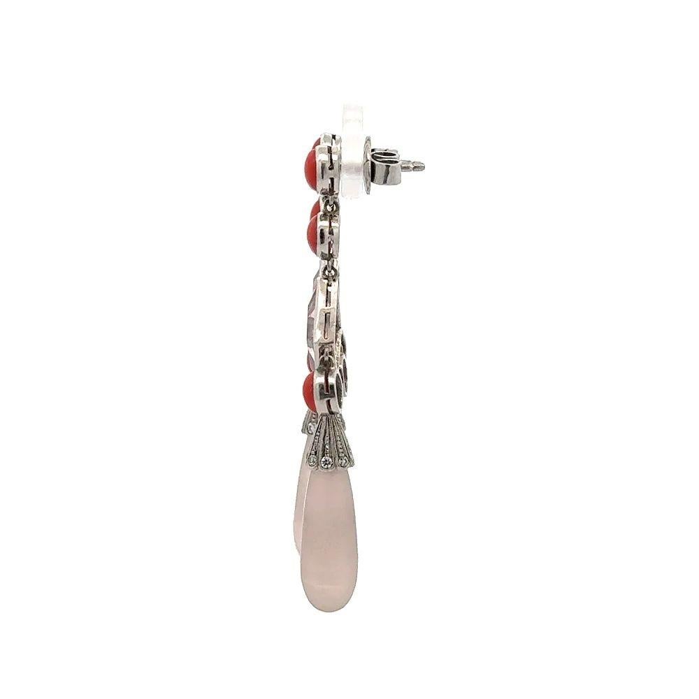 Women's Vintage Rose Quartz and Round Coral Platinum Statement Drop Earrings For Sale