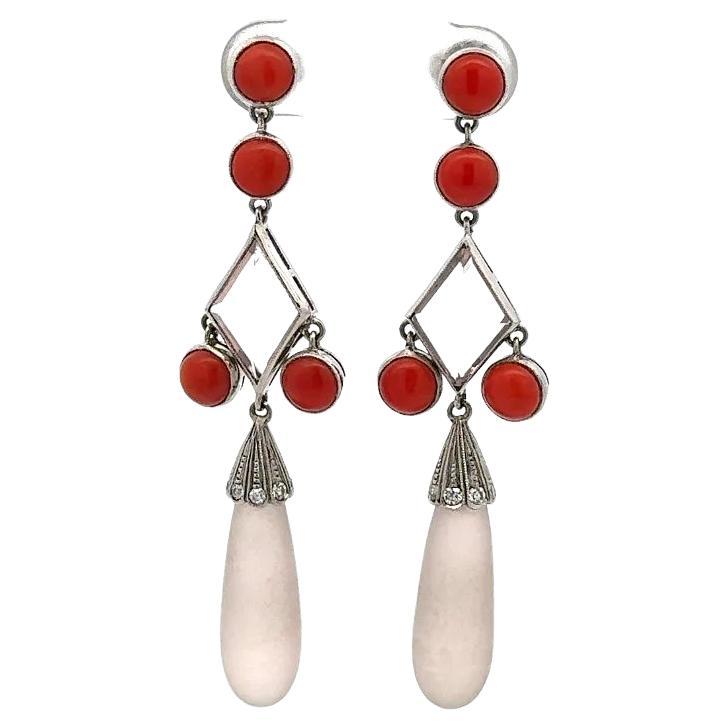 Vintage Rose Quartz and Round Coral Platinum Statement Drop Earrings