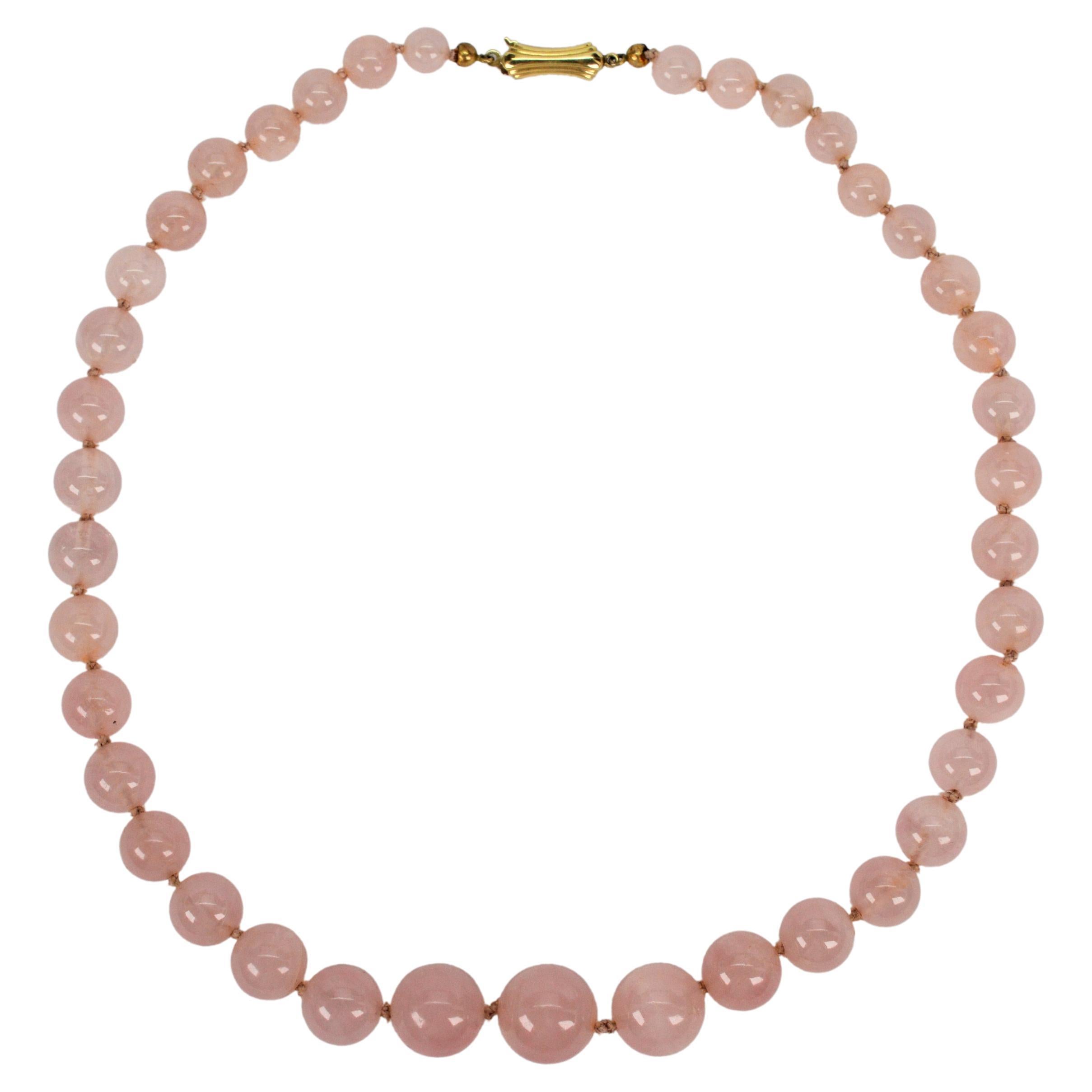 Vintage Rose Quartz Beaded Necklace w 14K Yellow Gold Clasp For Sale