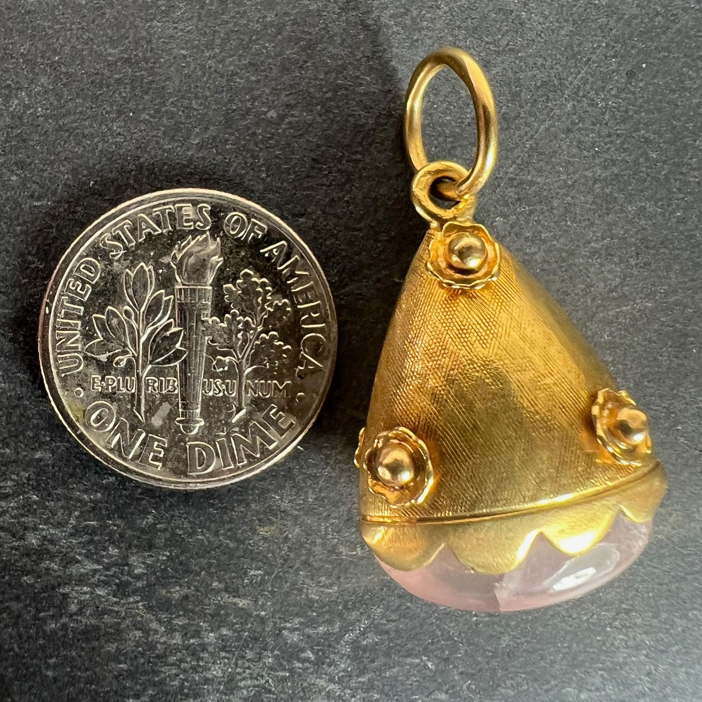 Vintage Rose Quartz Flowers 18 Karat Yellow Gold Charm Pendant For Sale 8
