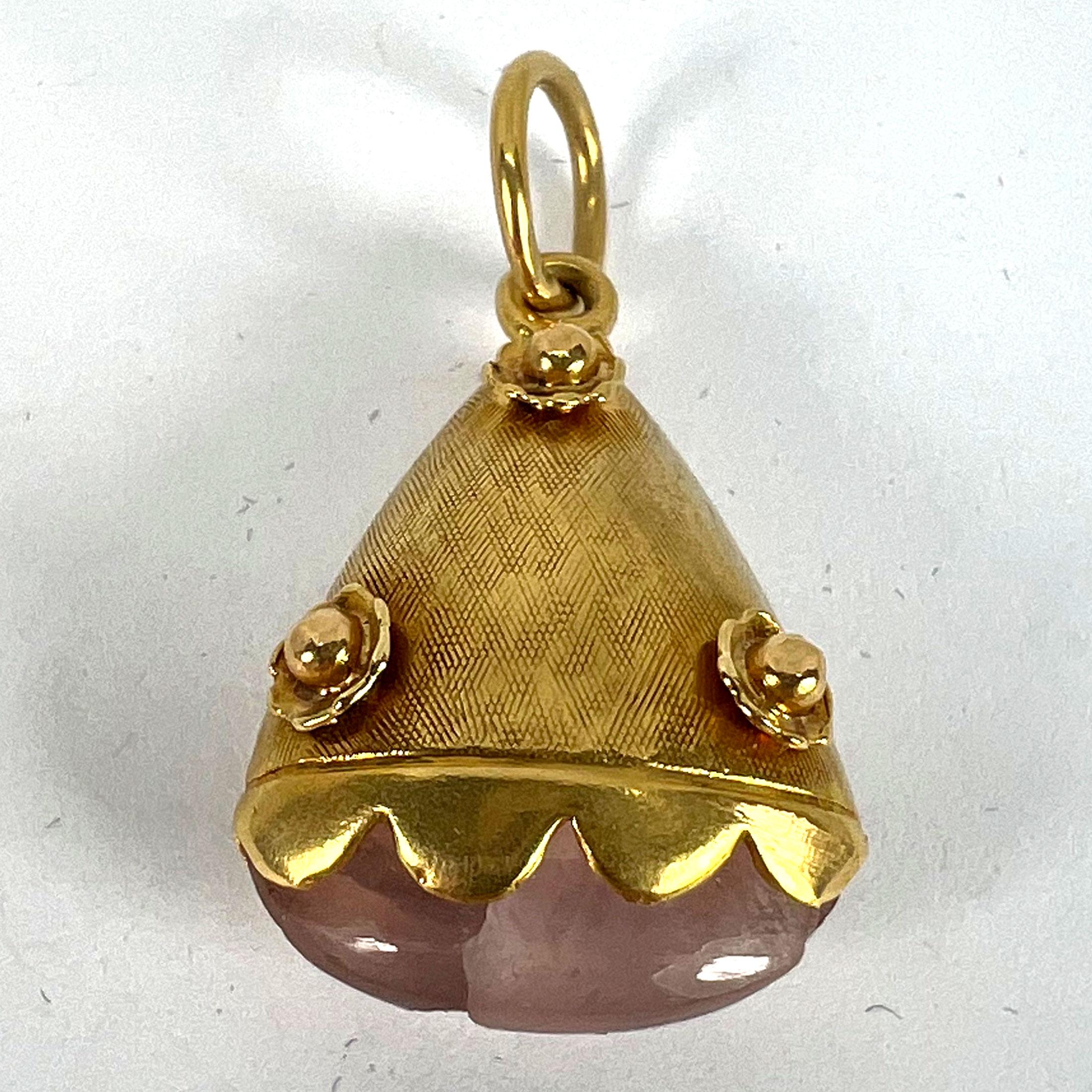Vintage Rose Quartz Flowers 18 Karat Yellow Gold Charm Pendant For Sale 10