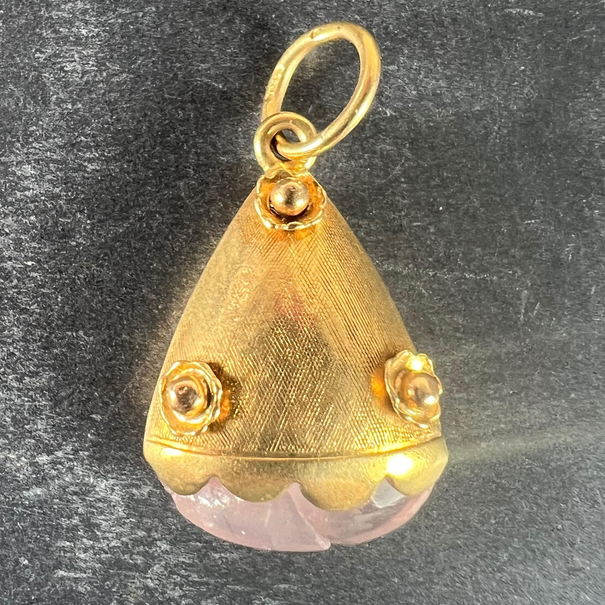 Cabochon Vintage Rose Quartz Flowers 18 Karat Yellow Gold Charm Pendant For Sale