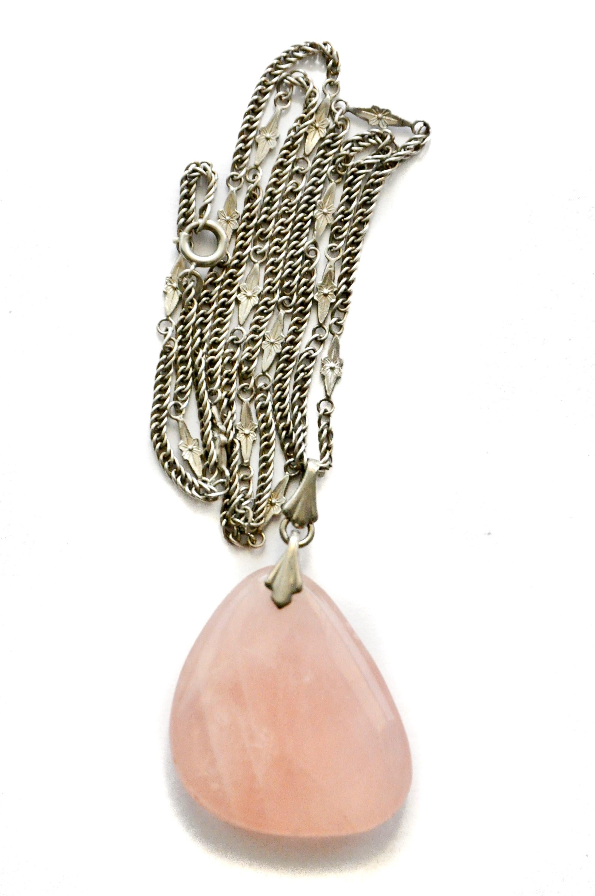 Contemporary Vintage Rose Quartz Silver Pendant Necklace