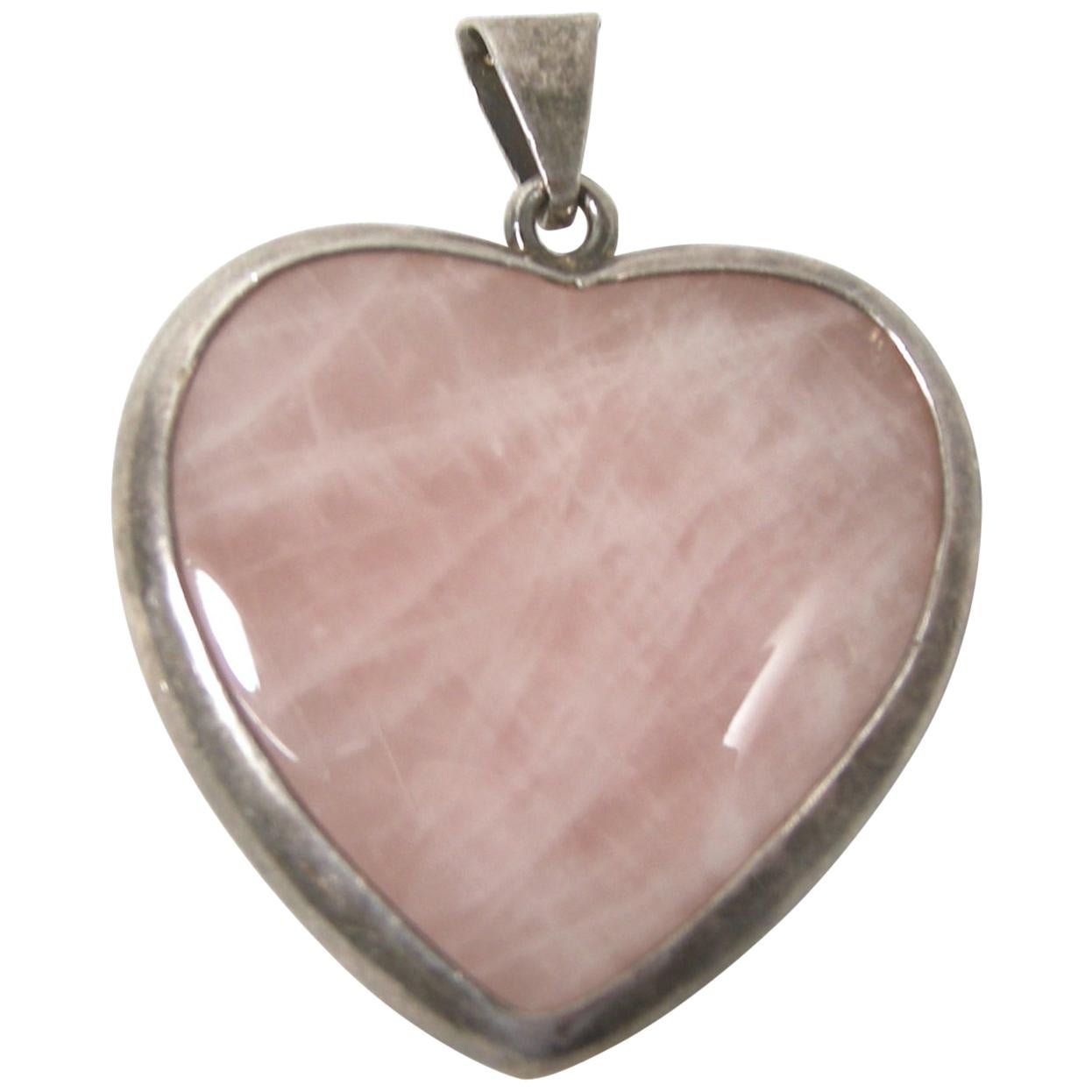 Vintage Rose Quartz & Sterling Silver Heart Pendant For Sale