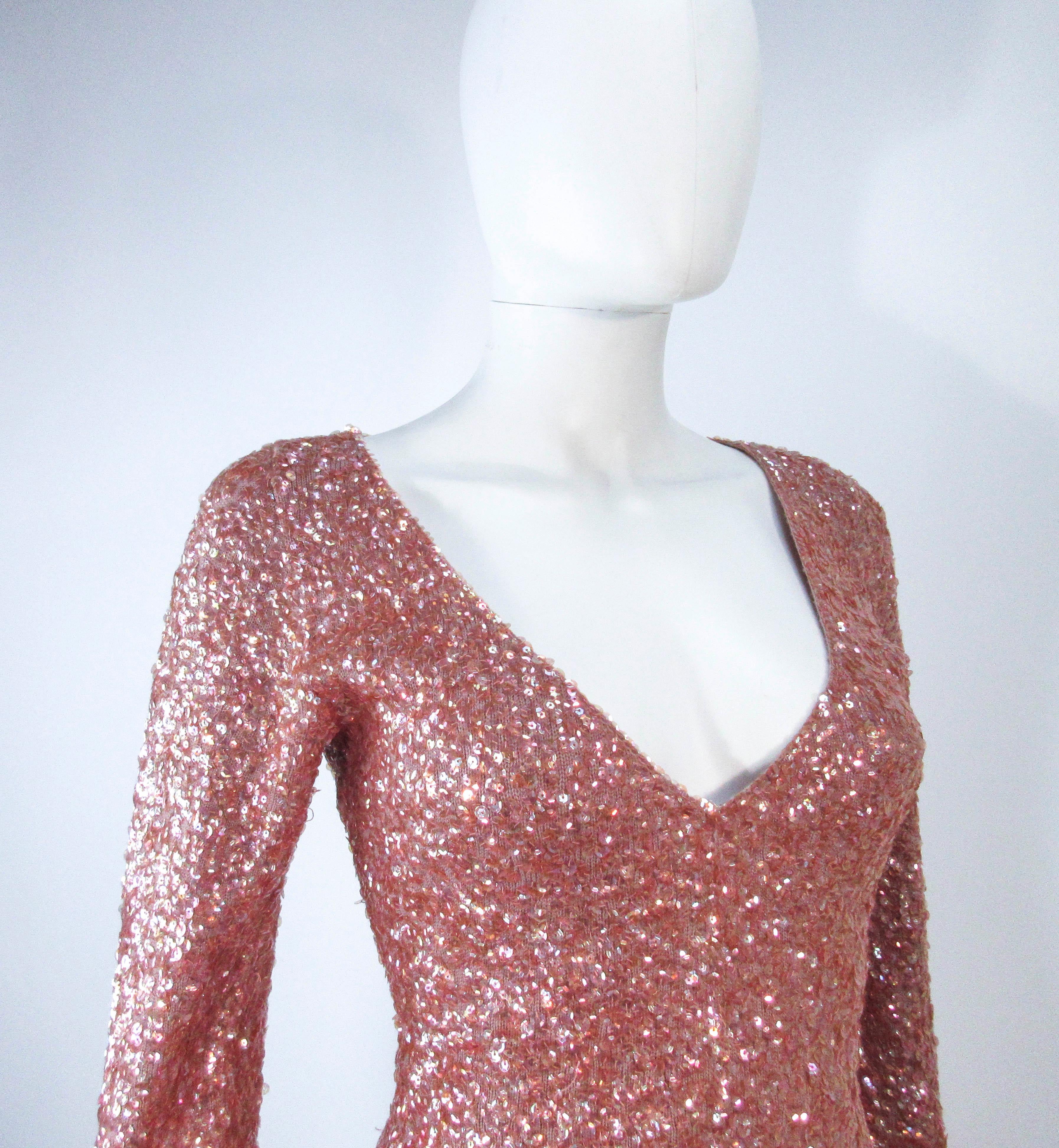 Vintage Rose Stretch Wool Sequin Gown W/ Fox Fur Trim Attributed to Gene Shelly 2