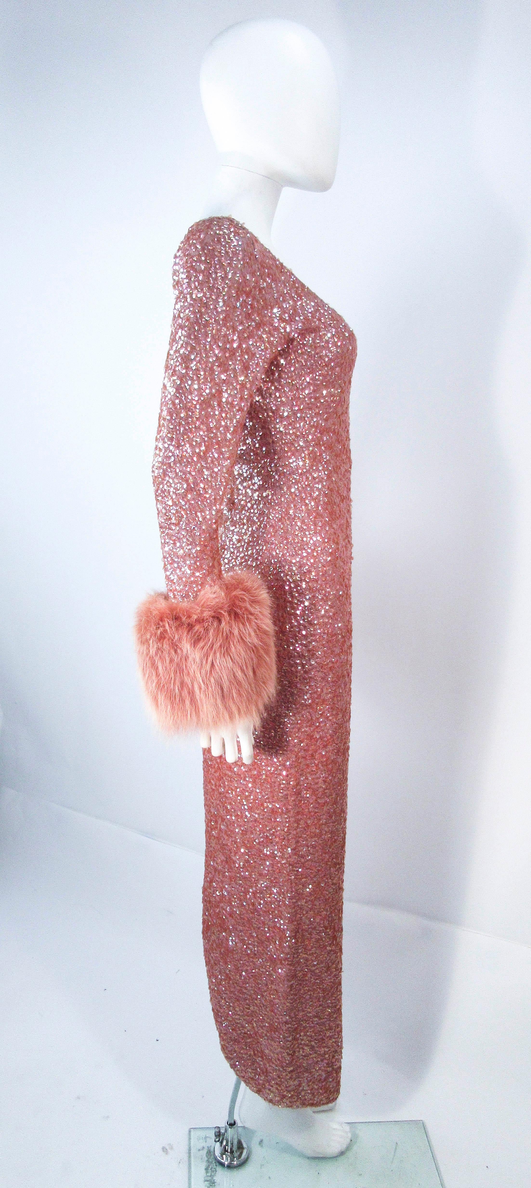 Vintage Rose Stretch Wool Sequin Gown W/ Fox Fur Trim Attributed to Gene Shelly 3