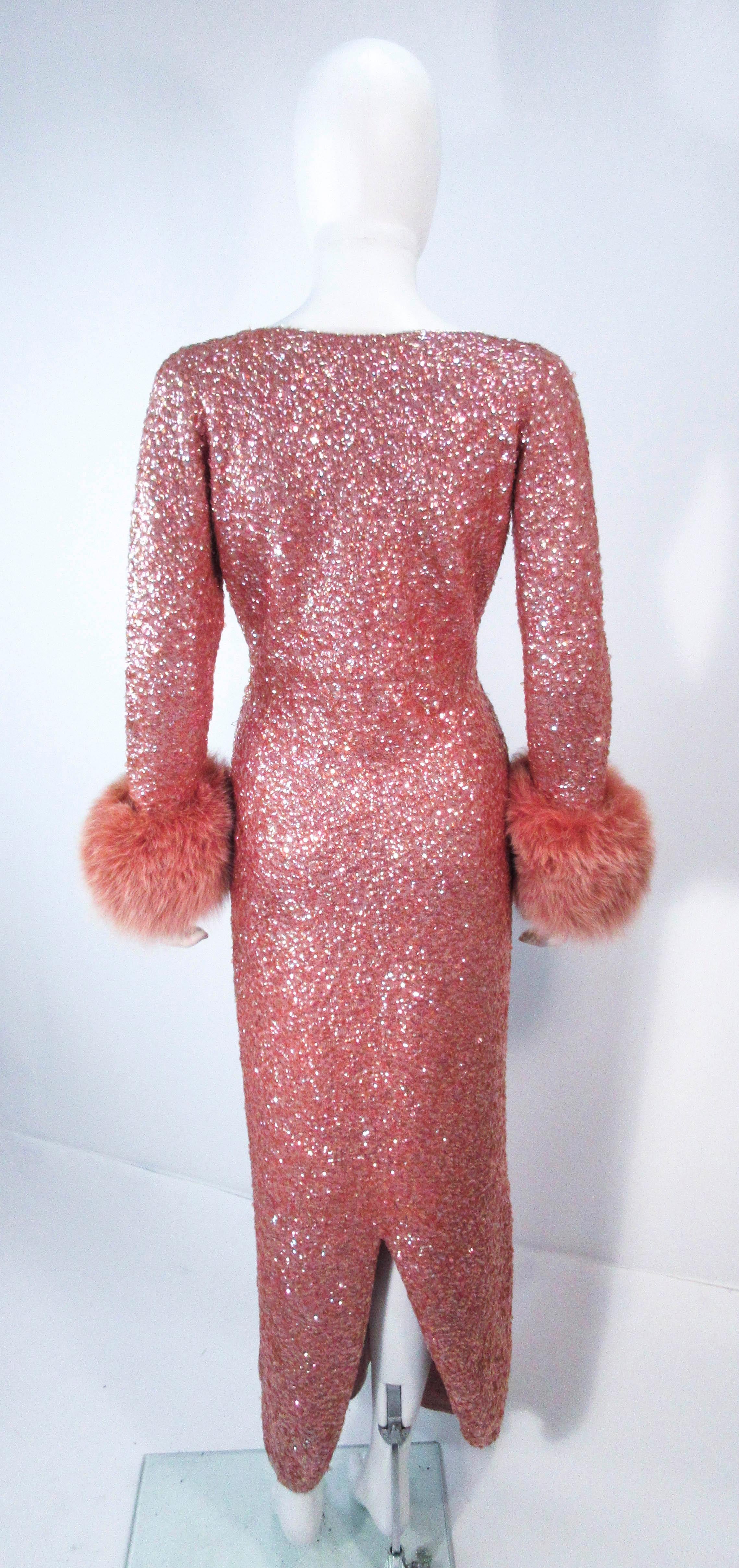 Vintage Rose Stretch Wool Sequin Gown W/ Fox Fur Trim Attributed to Gene Shelly 4