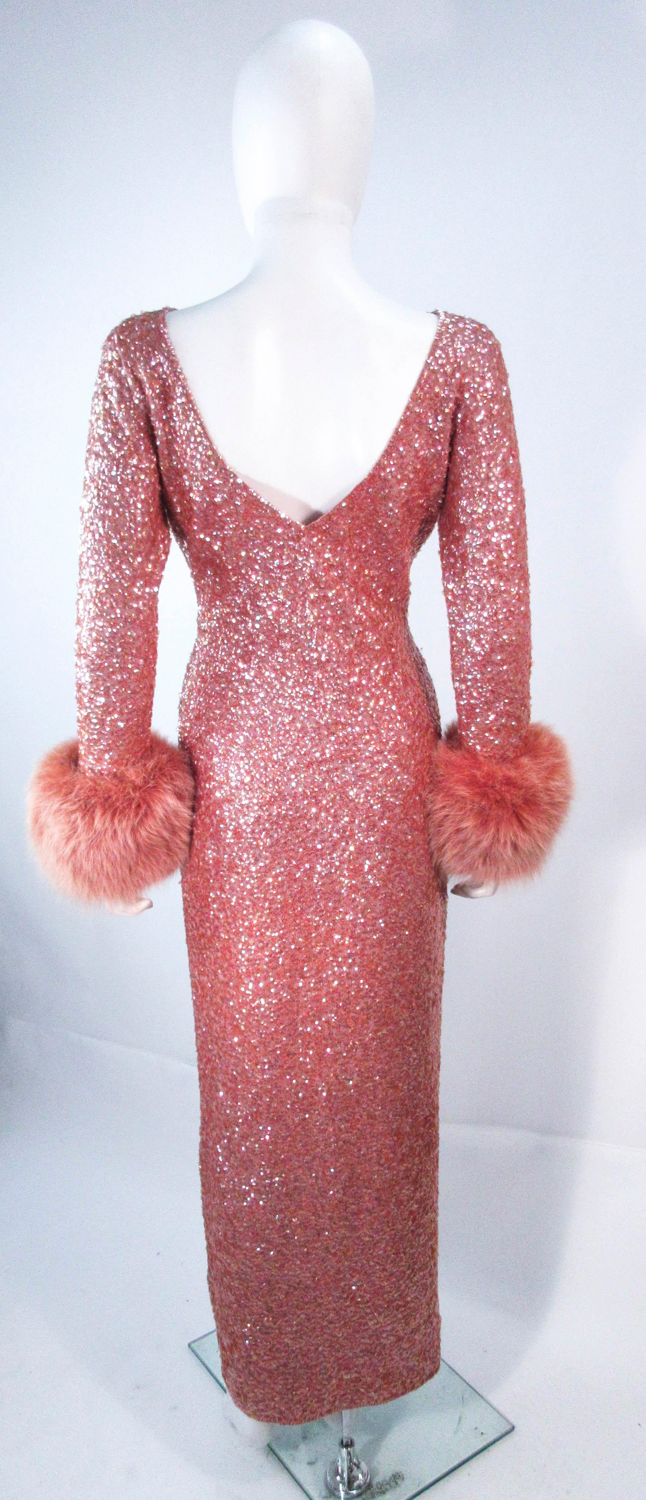 Vintage Rose Stretch Wool Sequin Gown W/ Fox Fur Trim Attributed to Gene Shelly 5