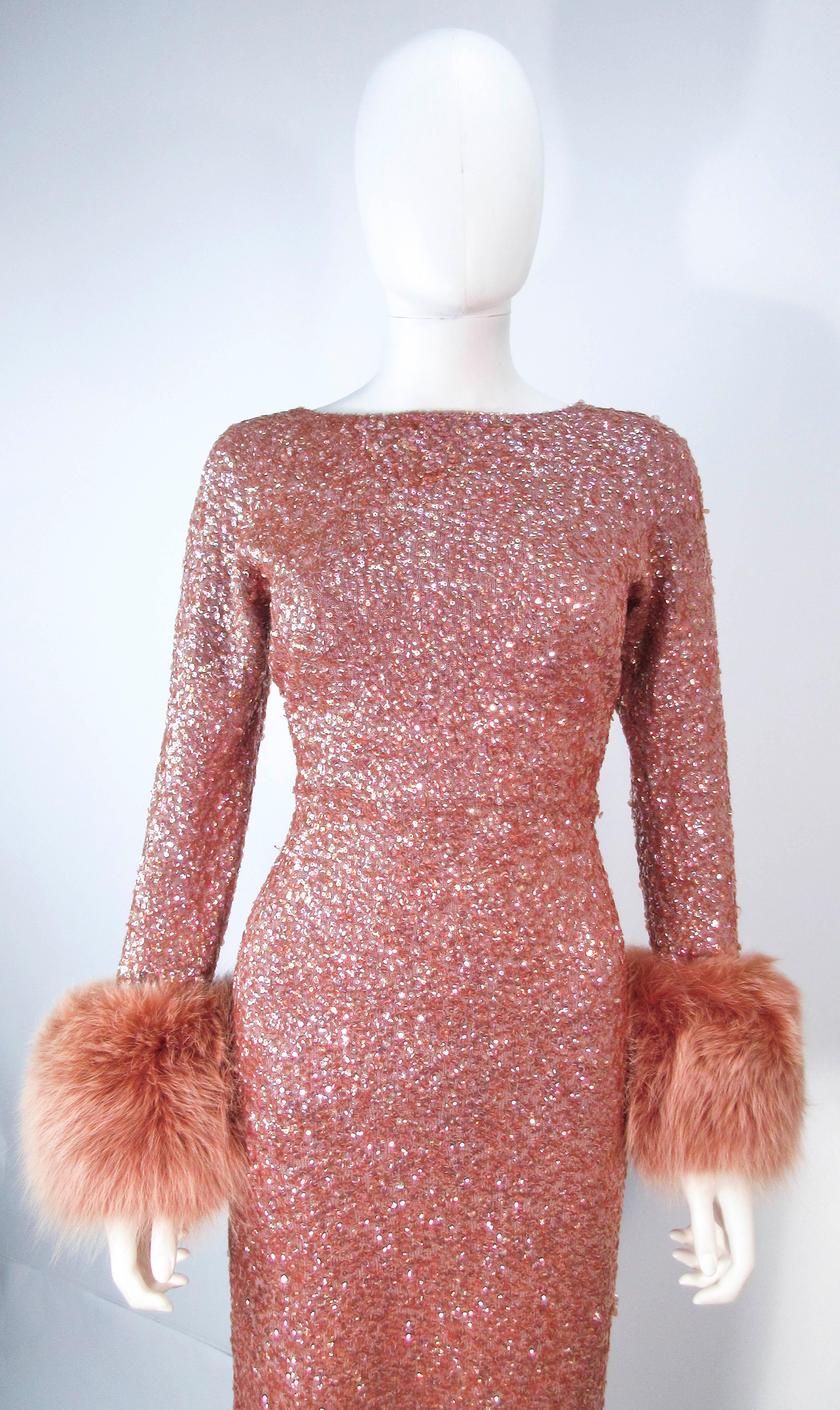 Pink Vintage Rose Stretch Wool Sequin Gown W/ Fox Fur Trim Attributed to Gene Shelly