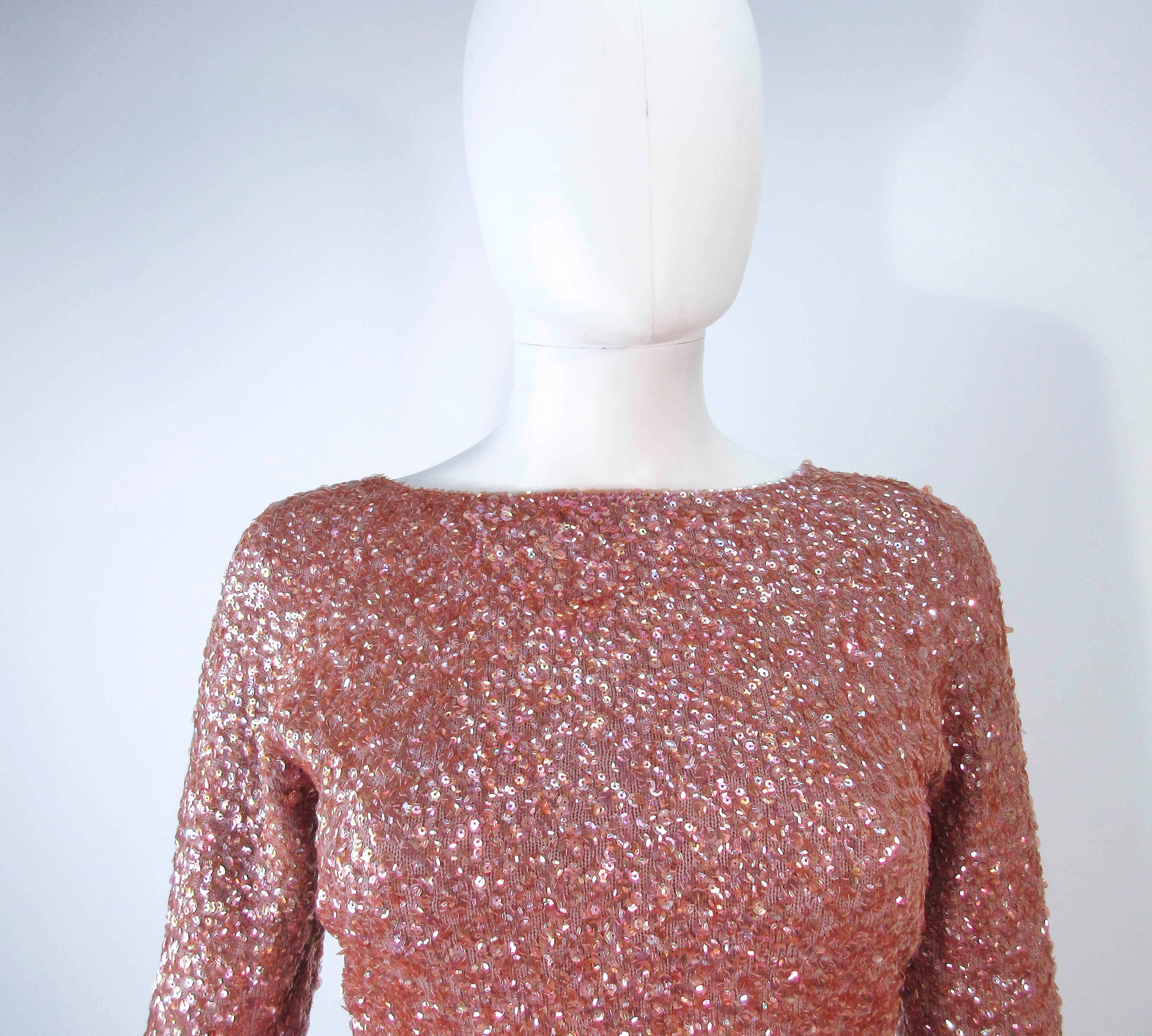 Vintage Rose Stretch Wool Sequin Gown W/ Fox Fur Trim Attributed to Gene Shelly In Excellent Condition In Los Angeles, CA