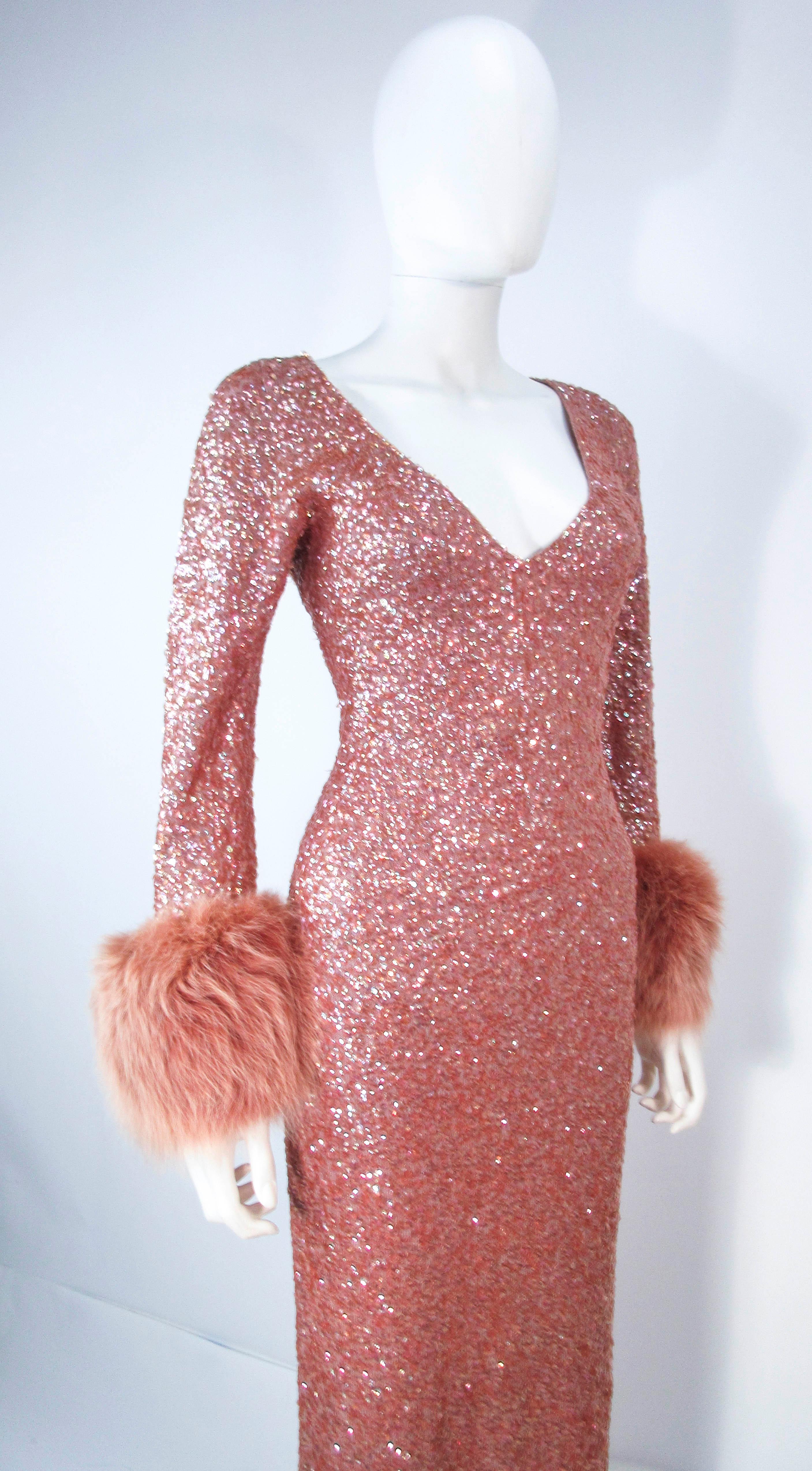 Women's Vintage Rose Stretch Wool Sequin Gown W/ Fox Fur Trim Attributed to Gene Shelly