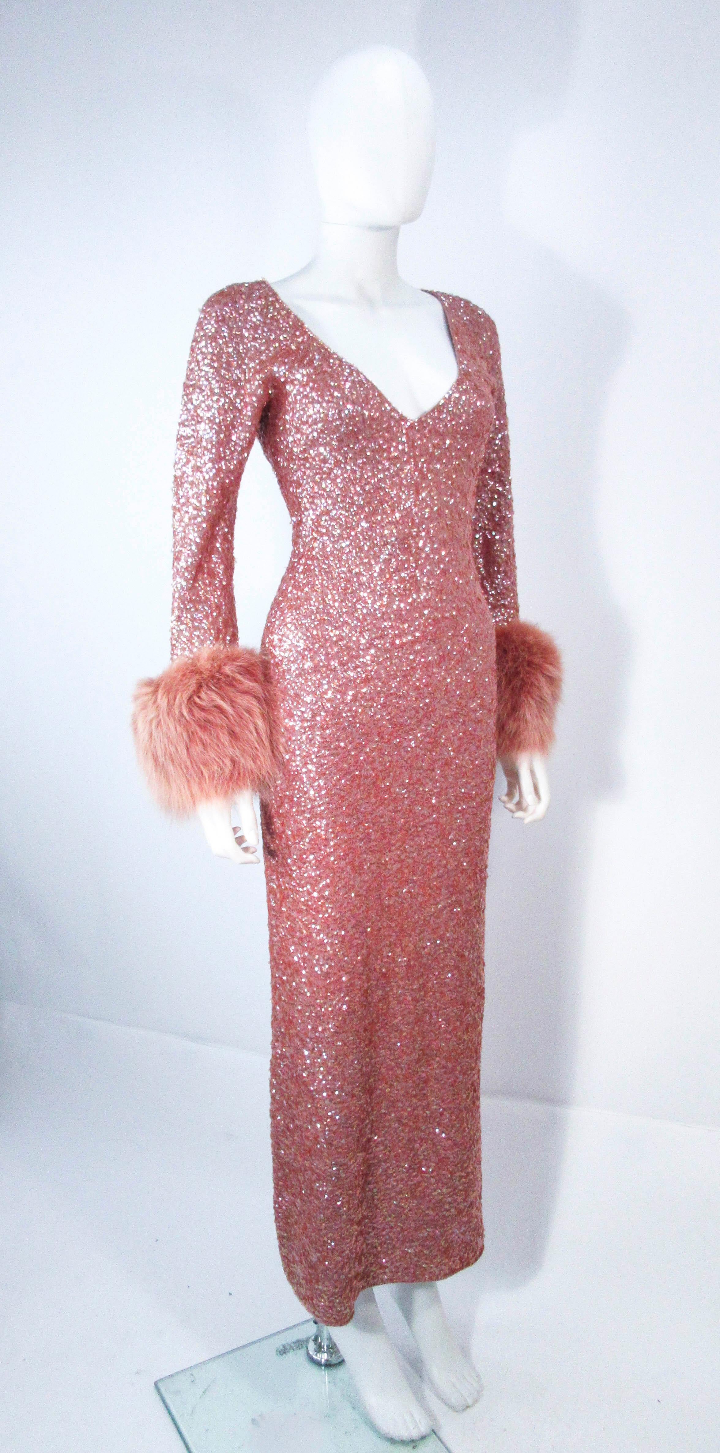 Vintage Rose Stretch Wool Sequin Gown W/ Fox Fur Trim Attributed to Gene Shelly 1