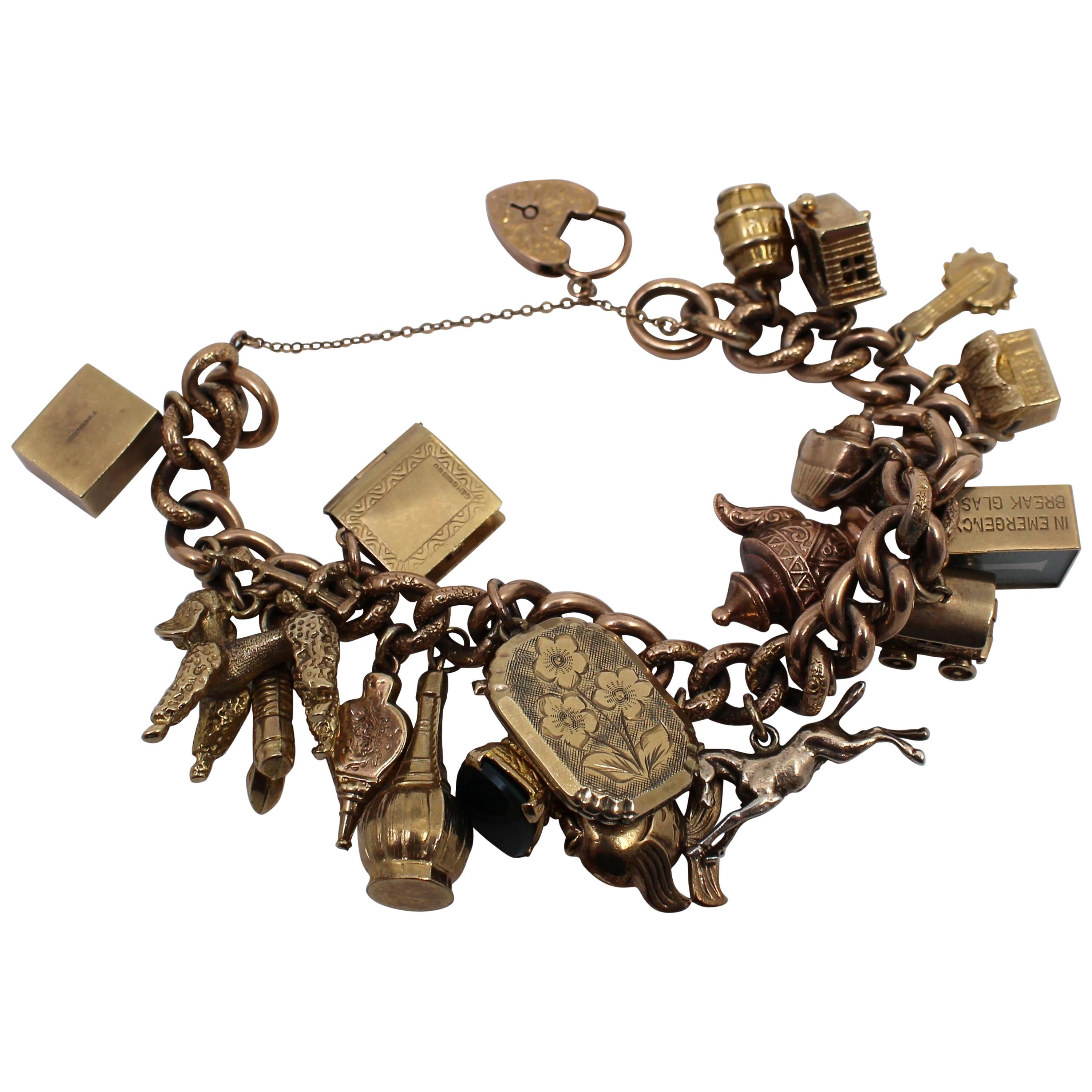 Vintage Rose and Yellow Gold Padlock Charm Bracelet For Sale