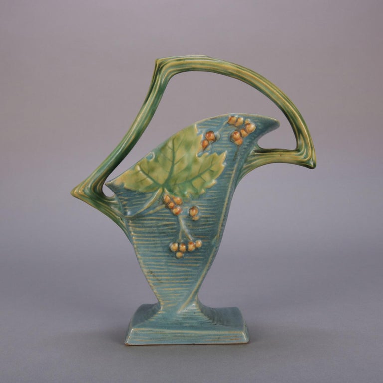 Vintage Roseville Art Pottery Bushberry Blue Handled Basket, circa 1940 at 1stdibs
