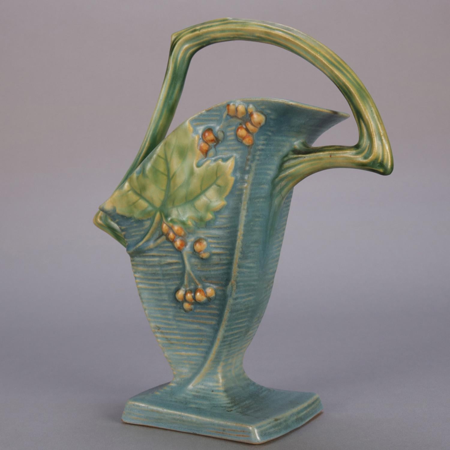 Glazed Vintage Roseville Art Pottery Bushberry Blue Handled Basket, circa 1940
