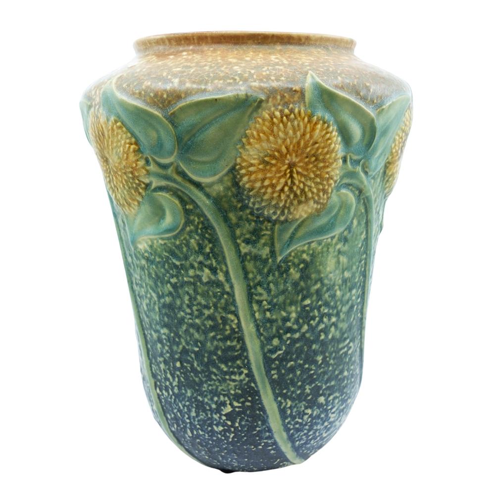 Art Deco Vintage Roseville Blue Sunflower 492-10 American Art Pottery Vase 1930 - rare For Sale
