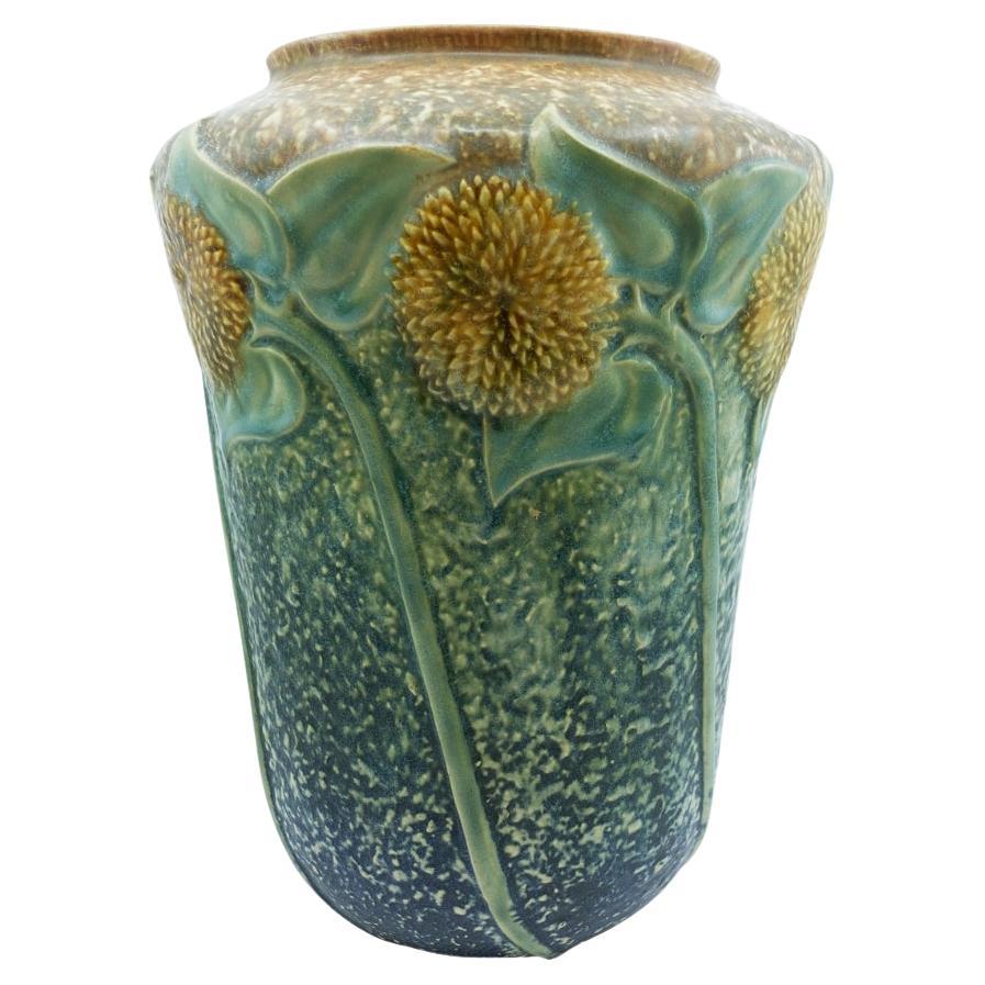 Vase vintage Roseville Blue Sunflower 492-10 American Art Pottery 1930 - rare en vente