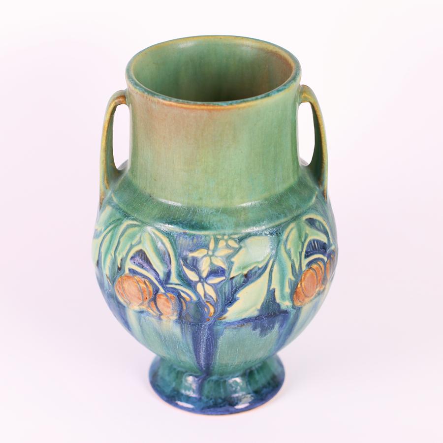 Offering this fabulous Roseville, American art pottery vase in the 