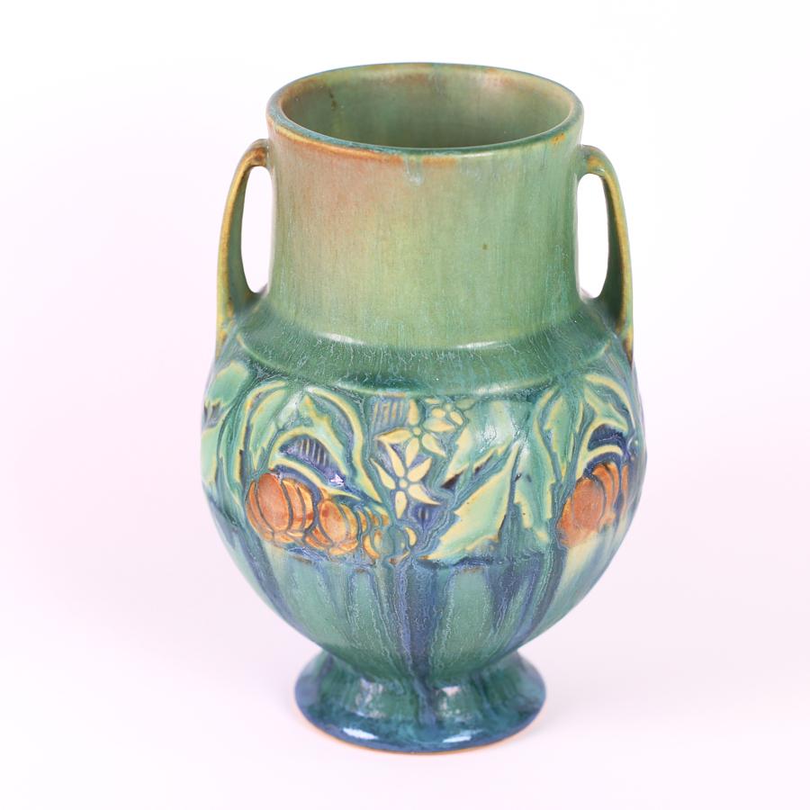 Art Deco Vintage Roseville Double Handle Baneda 589-6 American Art Pottery Vase 1932