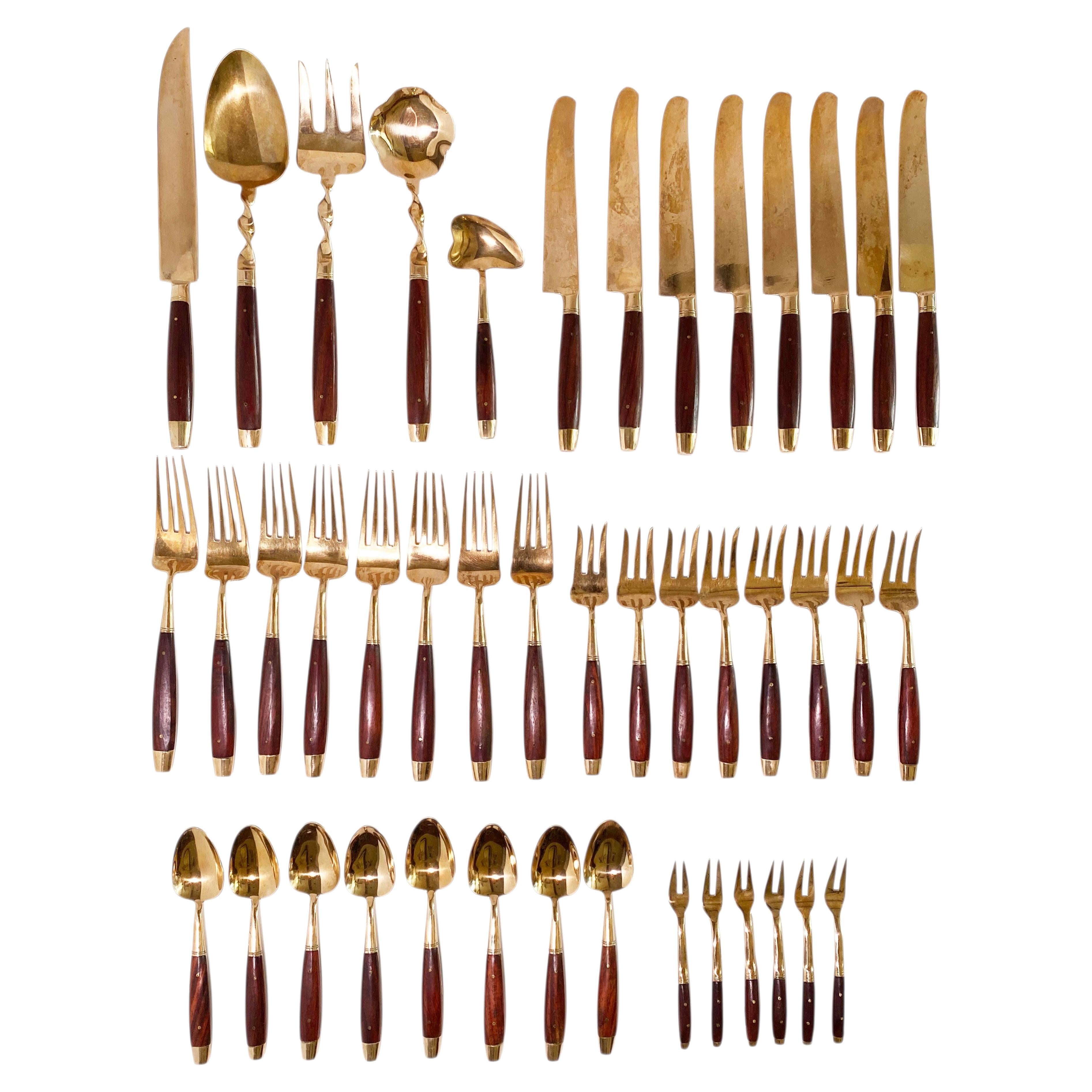Vintage Rosewood and Brass Flatware - 43 piece For Sale
