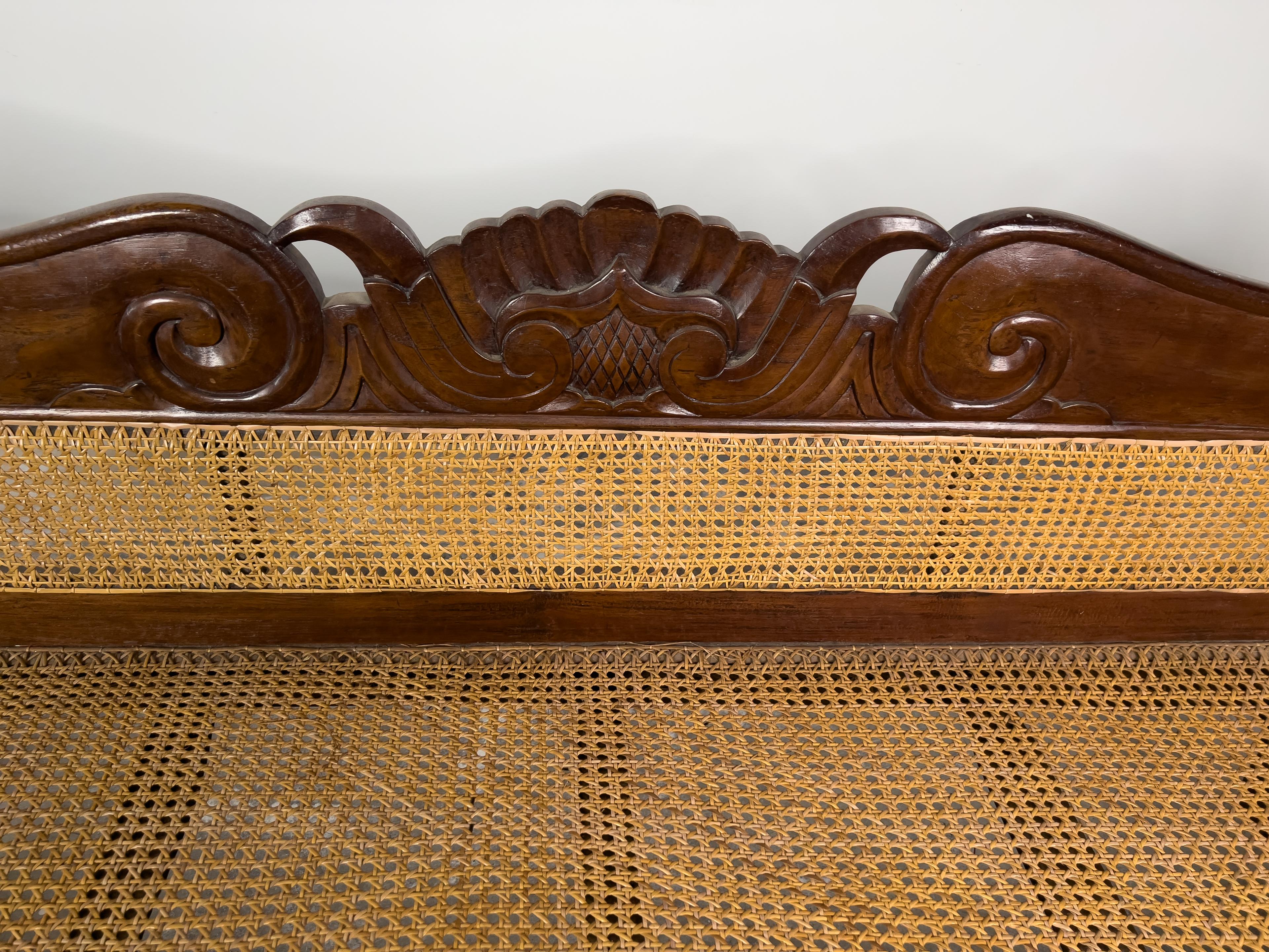 Carved Vintage Rosewood and Caned Indonesian Dutch Colonial Style Settee/Sofa