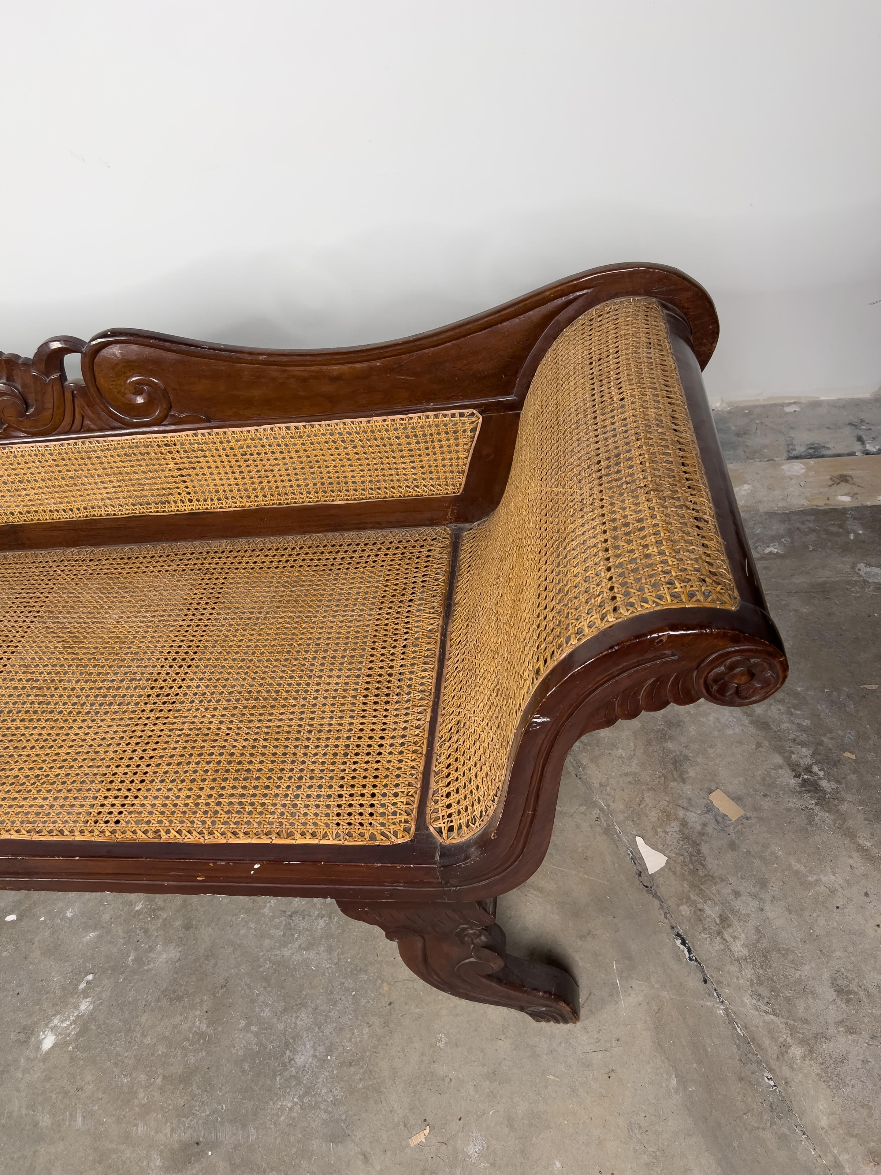 Vintage Rosewood and Caned Indonesian Dutch Colonial Style Settee/Sofa In Good Condition In Houston, TX