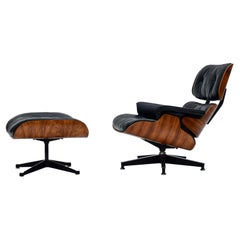 Vintage Rosewood & Chaise longue Eames en cuir noir pour Herman Miller