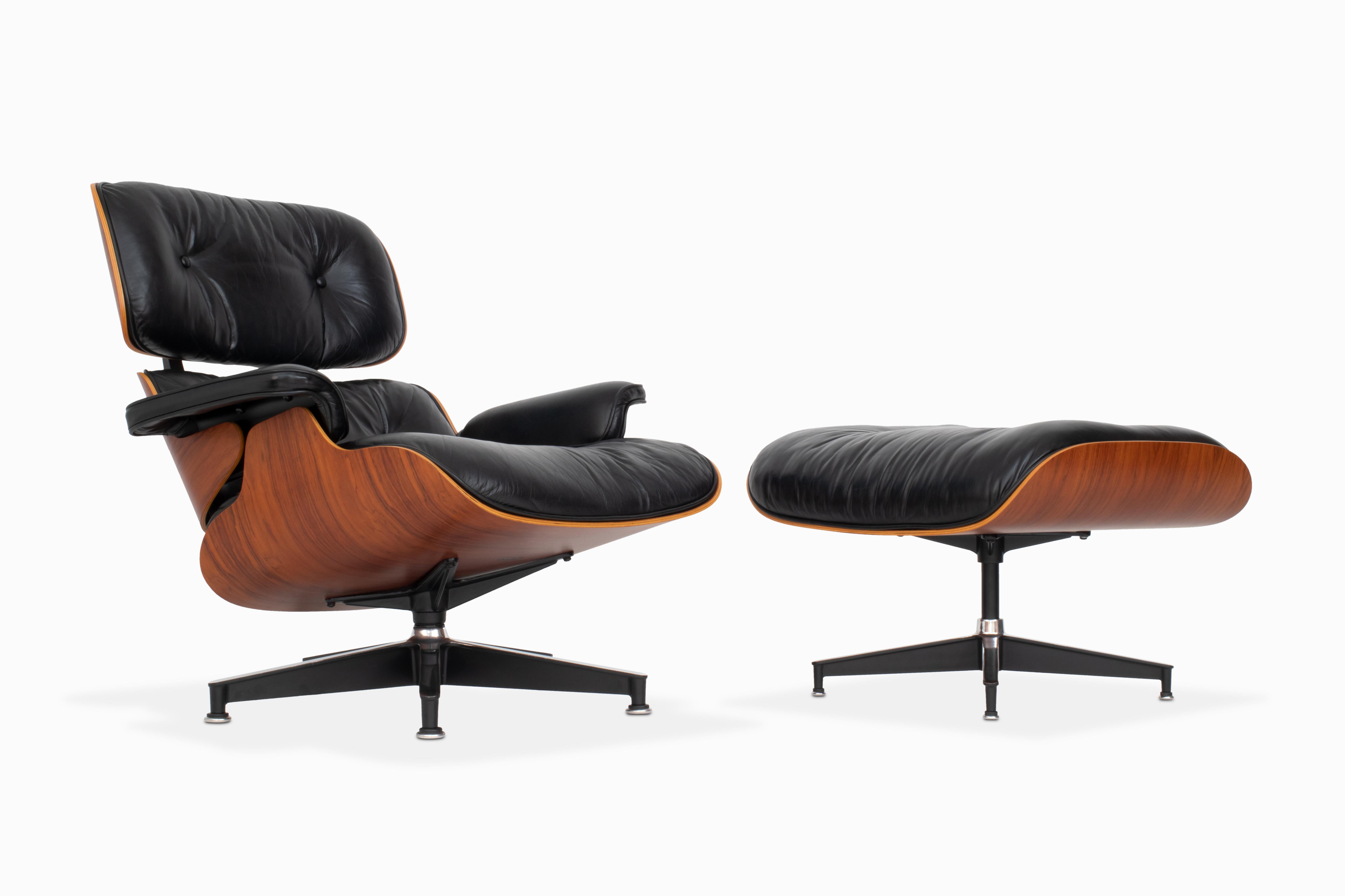 Here is a beautiful vintage Brazilian rosewood Eames lounge chair and ottoman by Herman Miller. This excellent example has been completely and thoughtfully restored (new shock mounts, polished metal components, refinished shells). The original