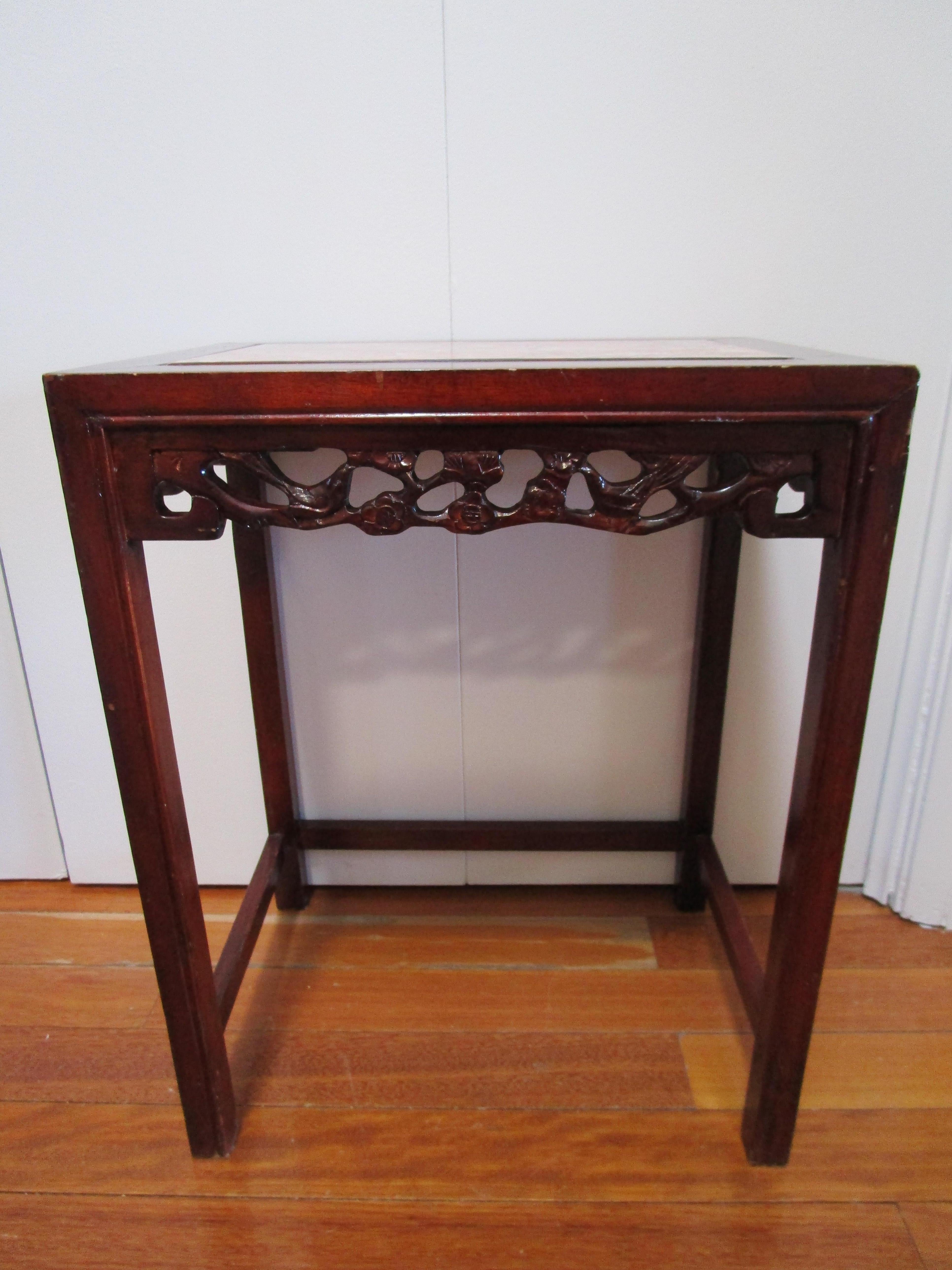 Chinese Export Vintage Rosewood Hand Carved Table with Marble Top For Sale
