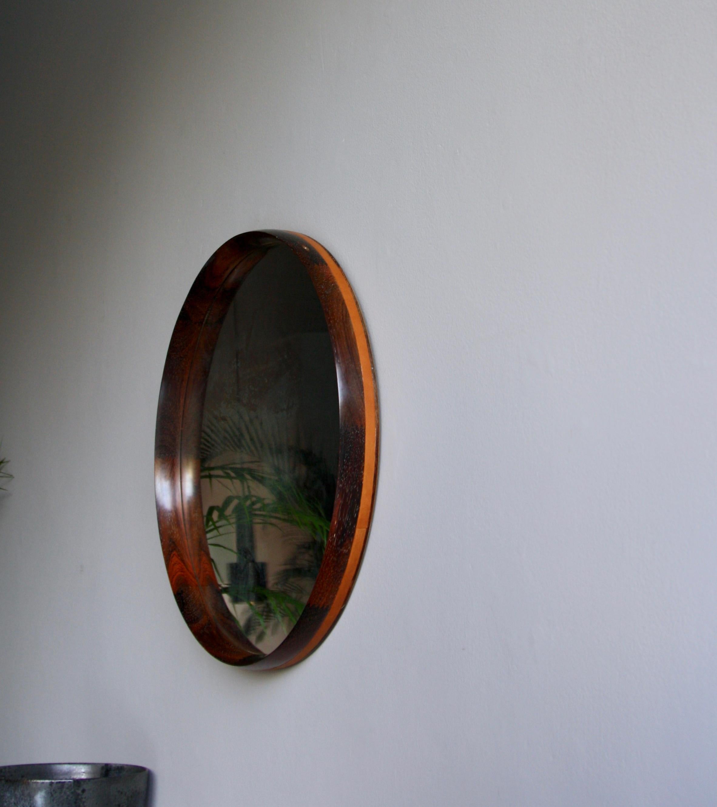 Mid-20th Century Vintage Rosewood and Leather Mirror, Denmark, 1950s