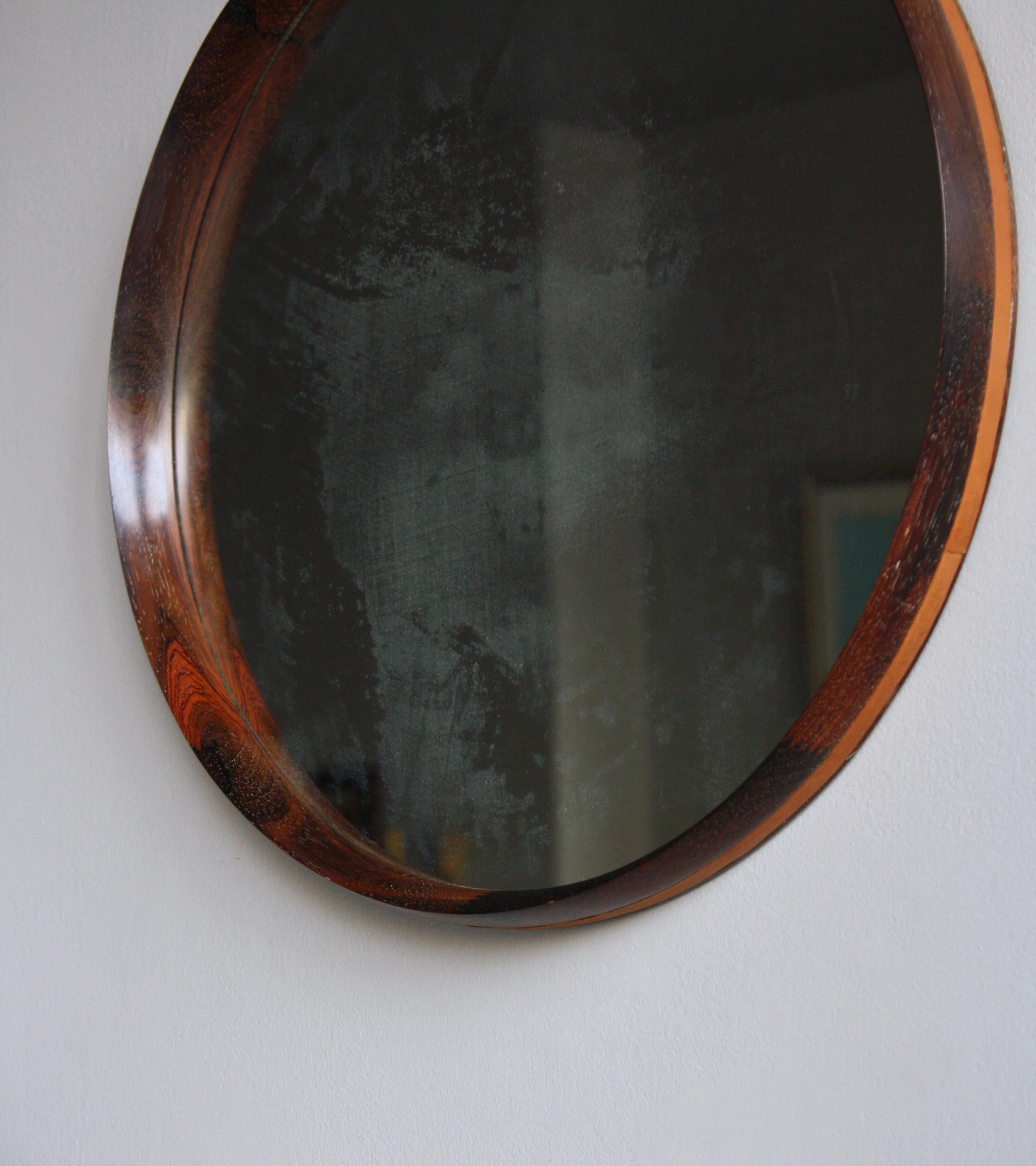 Vintage Rosewood and Leather Mirror, Denmark, 1950s 1