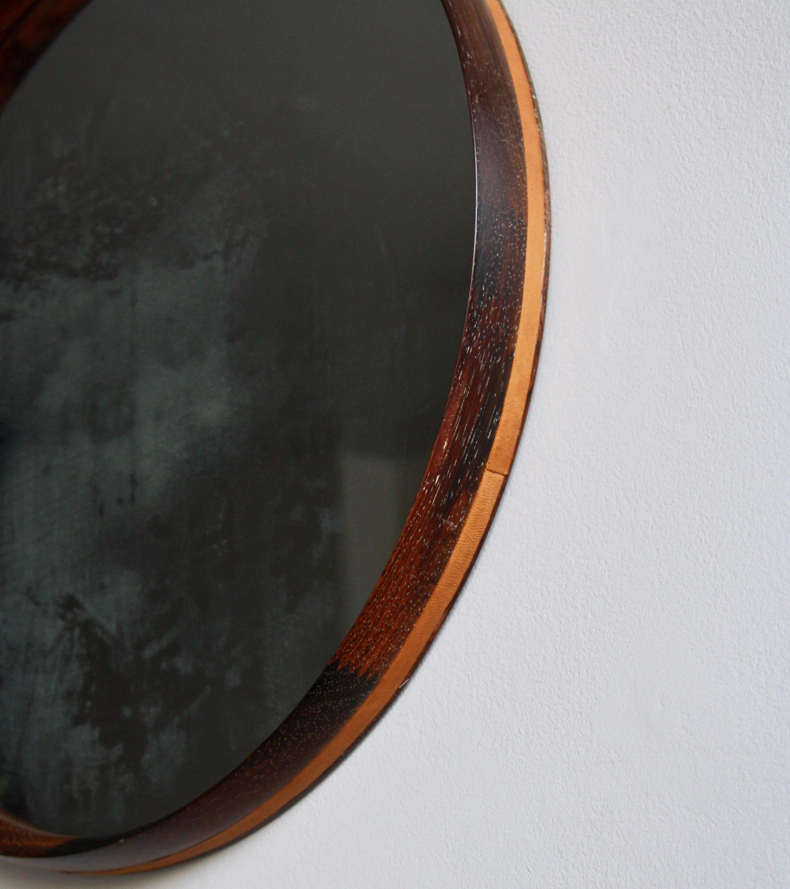 Vintage Rosewood and Leather Mirror, Denmark, 1950s 2