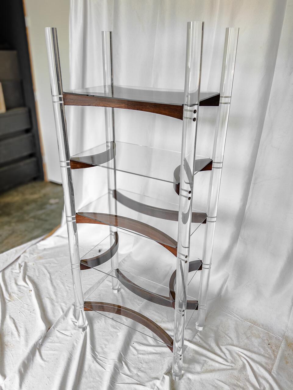 Vintage Rosewood / Lucite and Glass 5 Tier Display Shelf For Sale 1