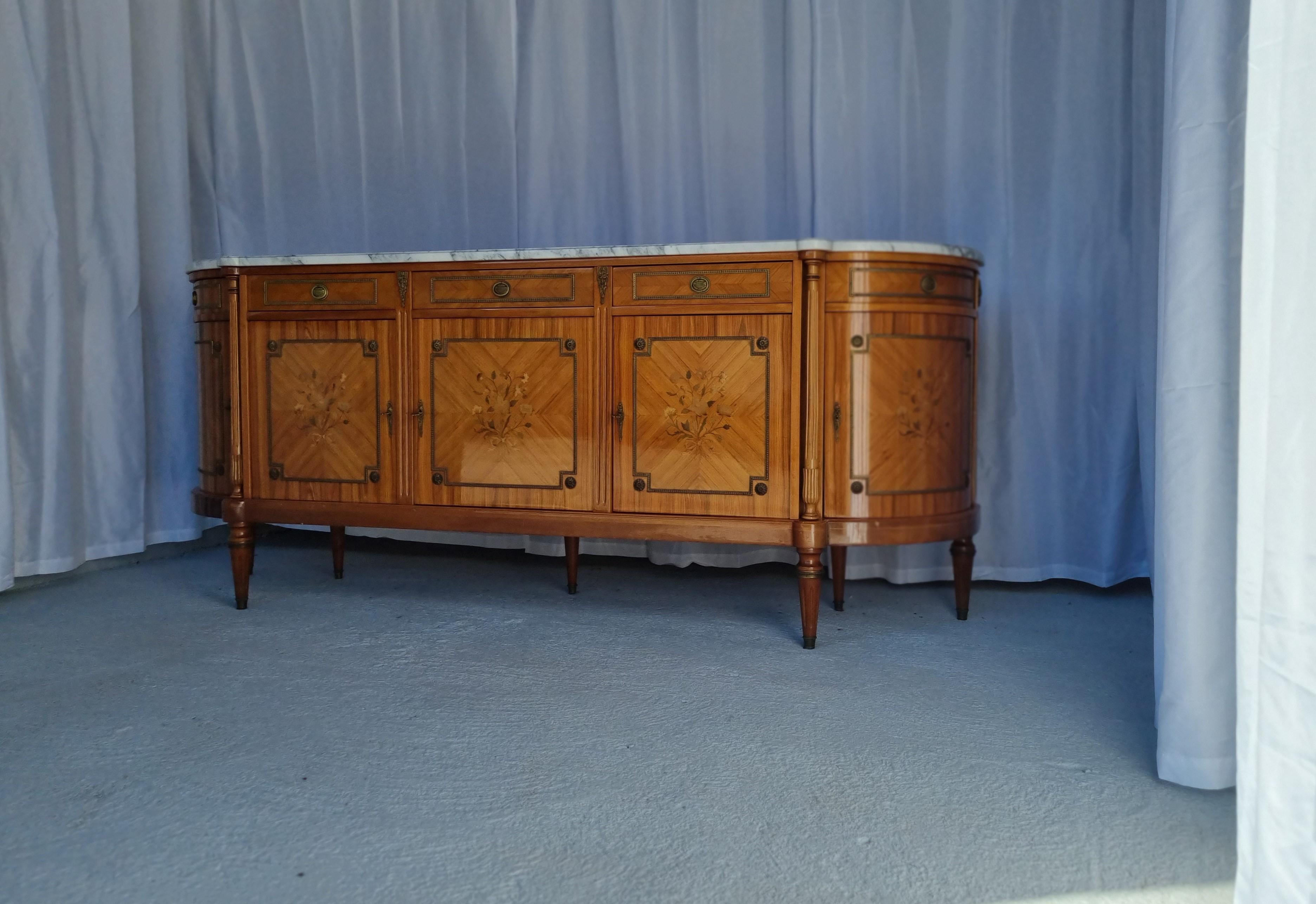 Vintage Rosewood Marble Sideboard - King Wood Marquetry- Style Louis XVI 11