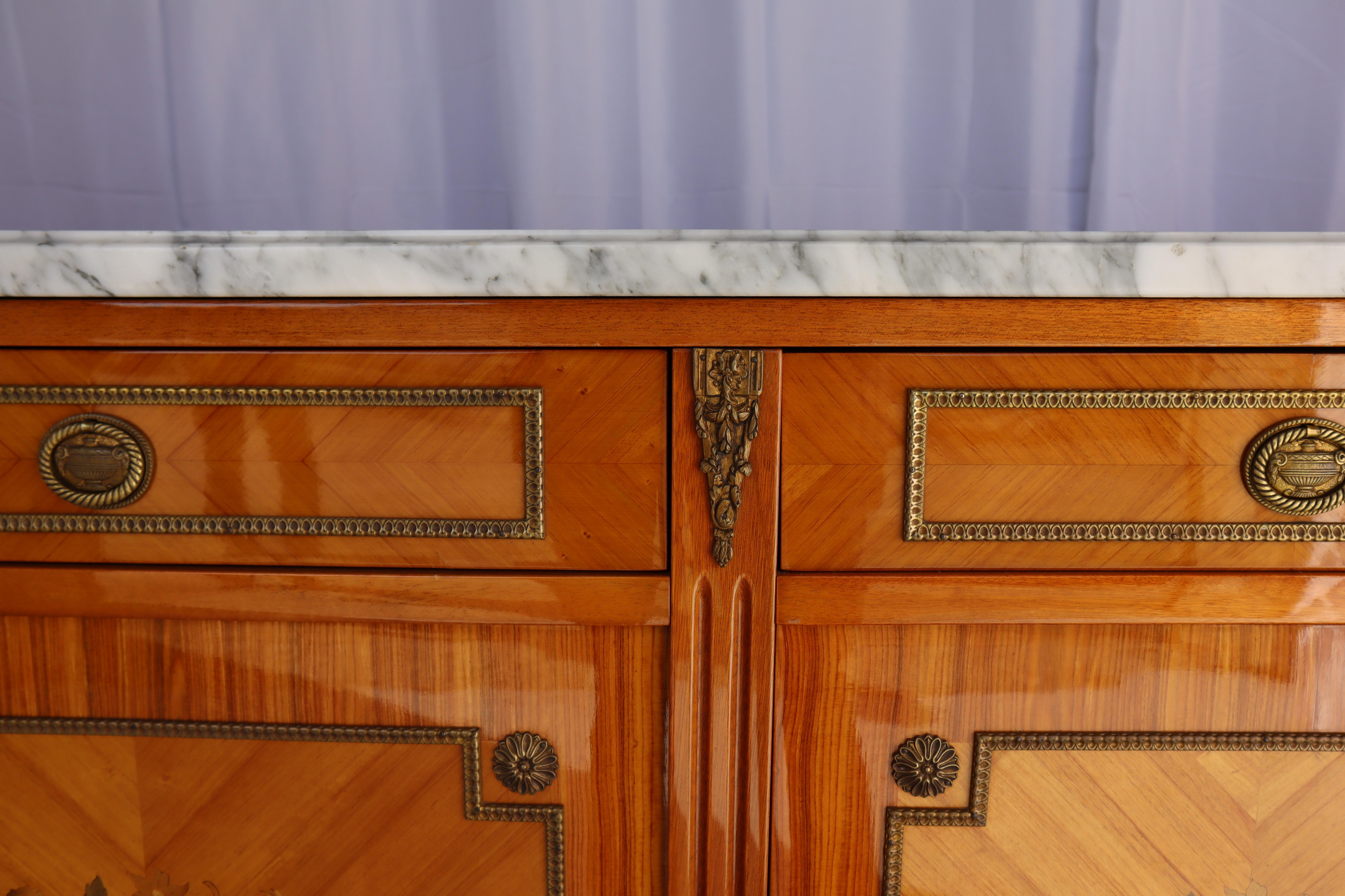 Vintage Rosewood Marble Sideboard - King Wood Marquetry- Style Louis XVI 12