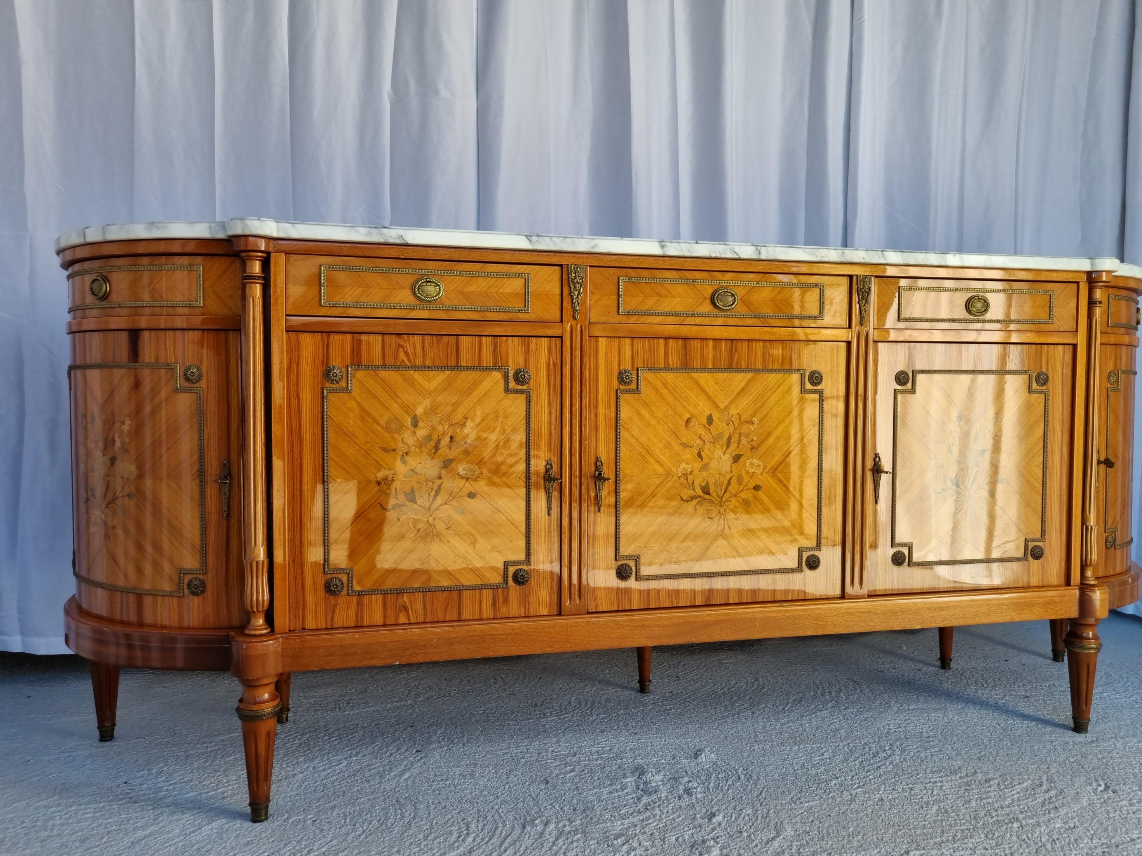 French Vintage Rosewood Marble Sideboard - King Wood Marquetry- Style Louis XVI