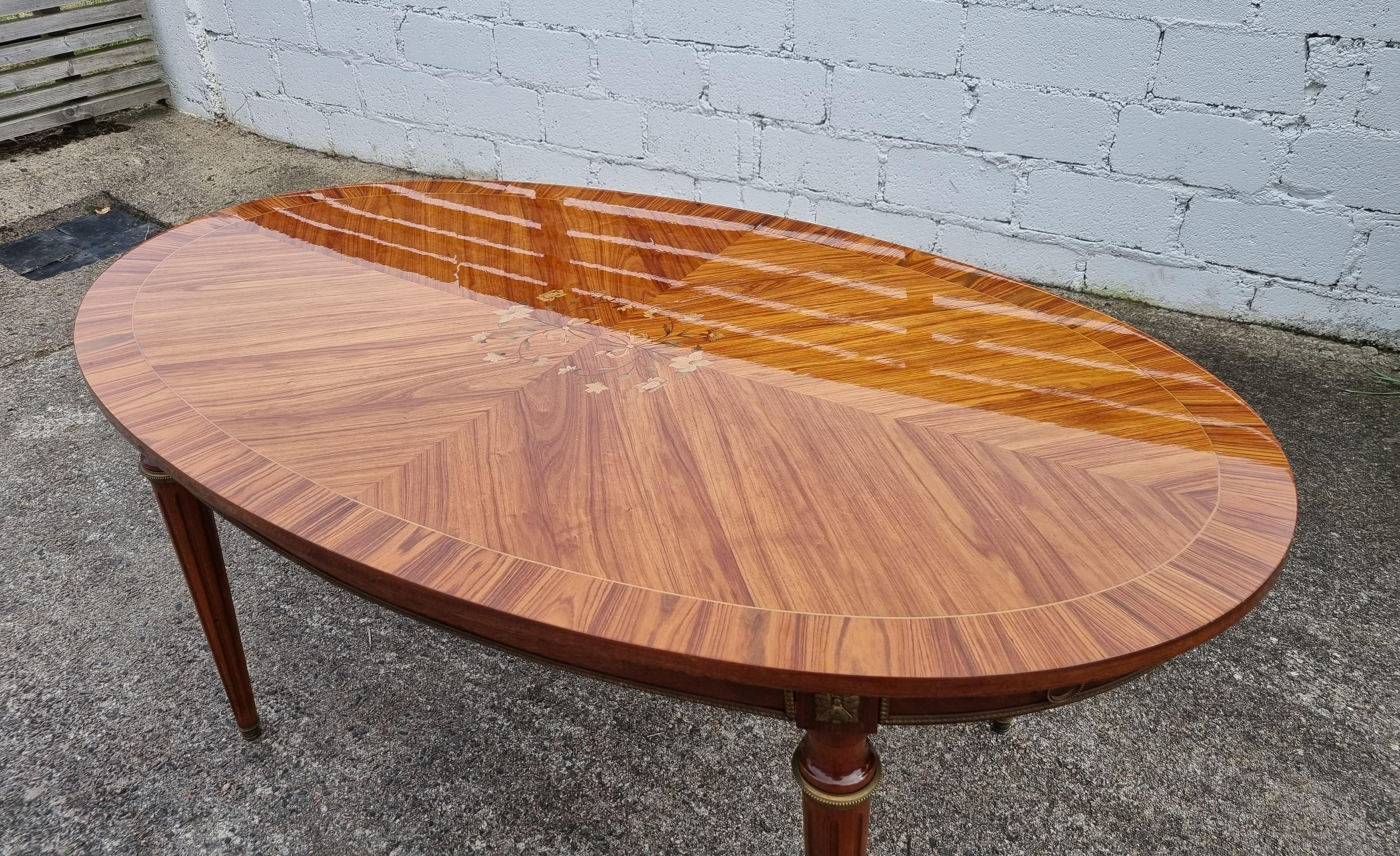 French  Vintage Rosewood Marqueterie High Gloss Dining Table-Louis XVI Style-70s