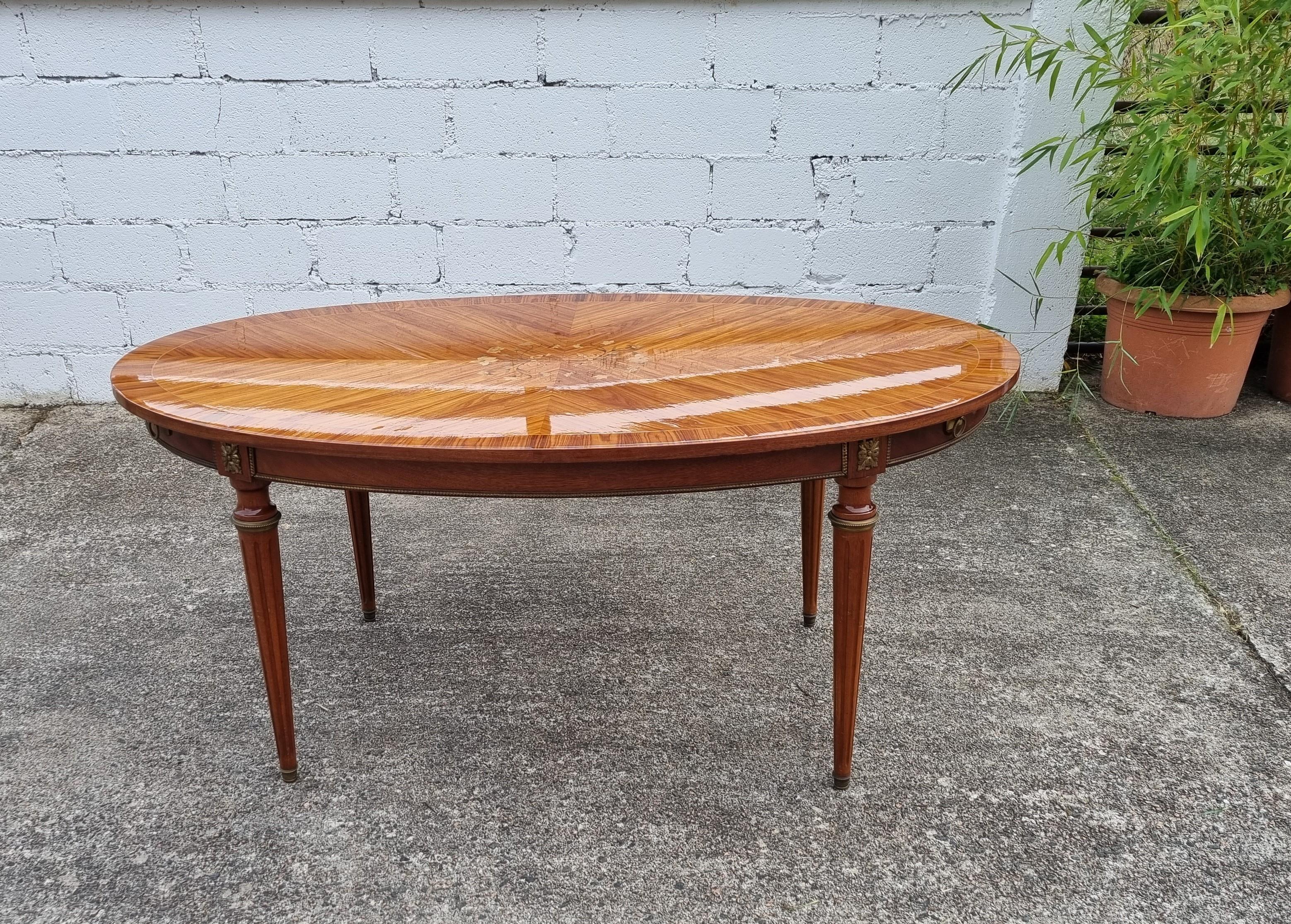 Marquetry  Vintage Rosewood Marqueterie High Gloss Dining Table-Louis XVI Style-70s