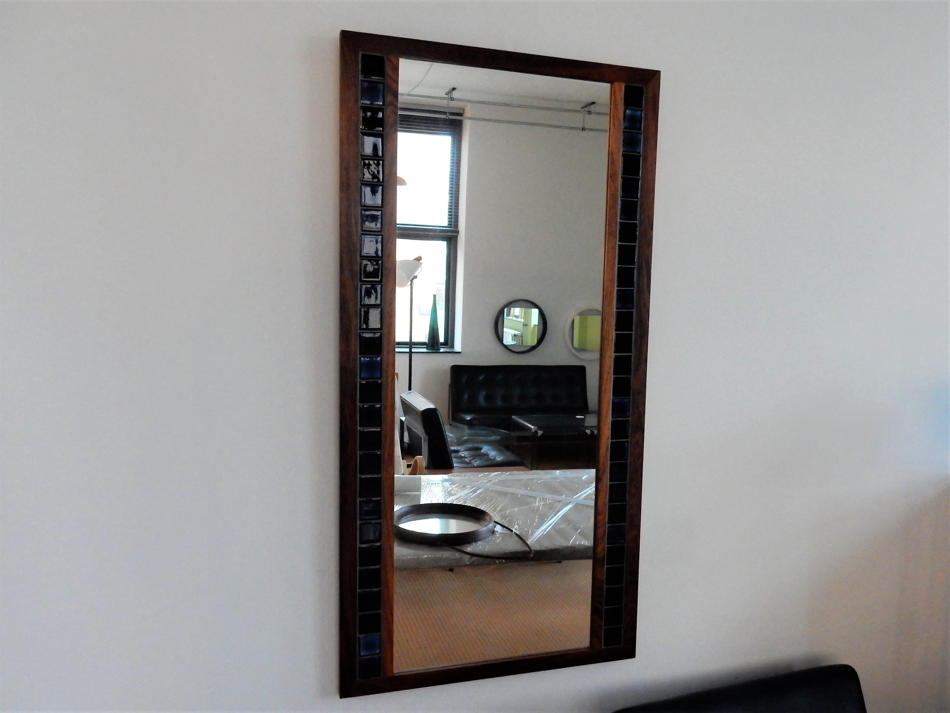 Late 20th Century Vintage Rosewood Mirror with Blue Tiles, Denmark