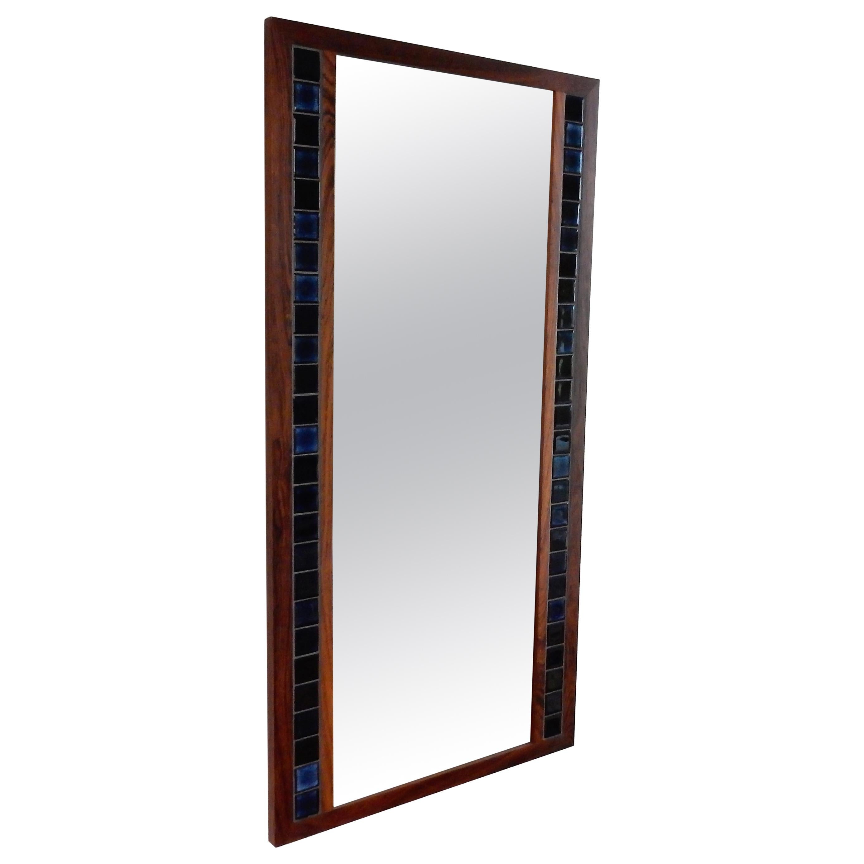 Vintage Rosewood Mirror with Blue Tiles, Denmark