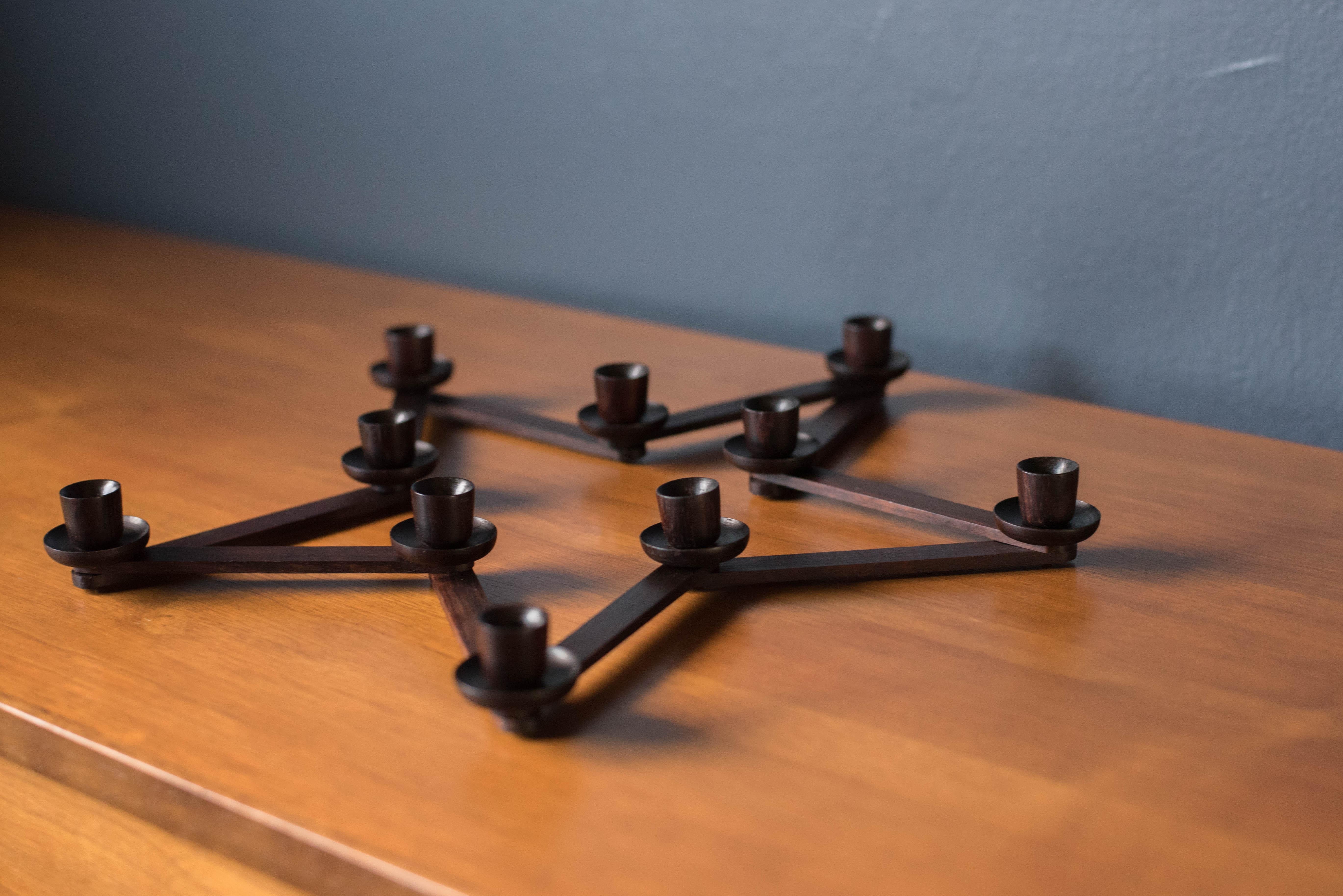 Vintage Rosewood Scandinavian Centerpiece Candle Holder In Good Condition For Sale In San Jose, CA