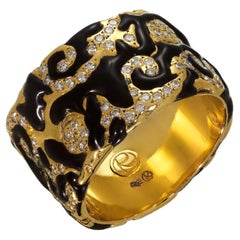 Vintage Rosior Bague de cocktail en or jaune avec diamants et céramique noire