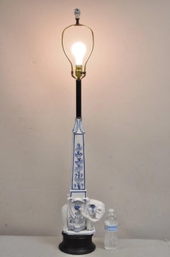 Vintage Ross & Seeley Chinoiserie Tall Blue White Porcelain Elephant Table Lamp
