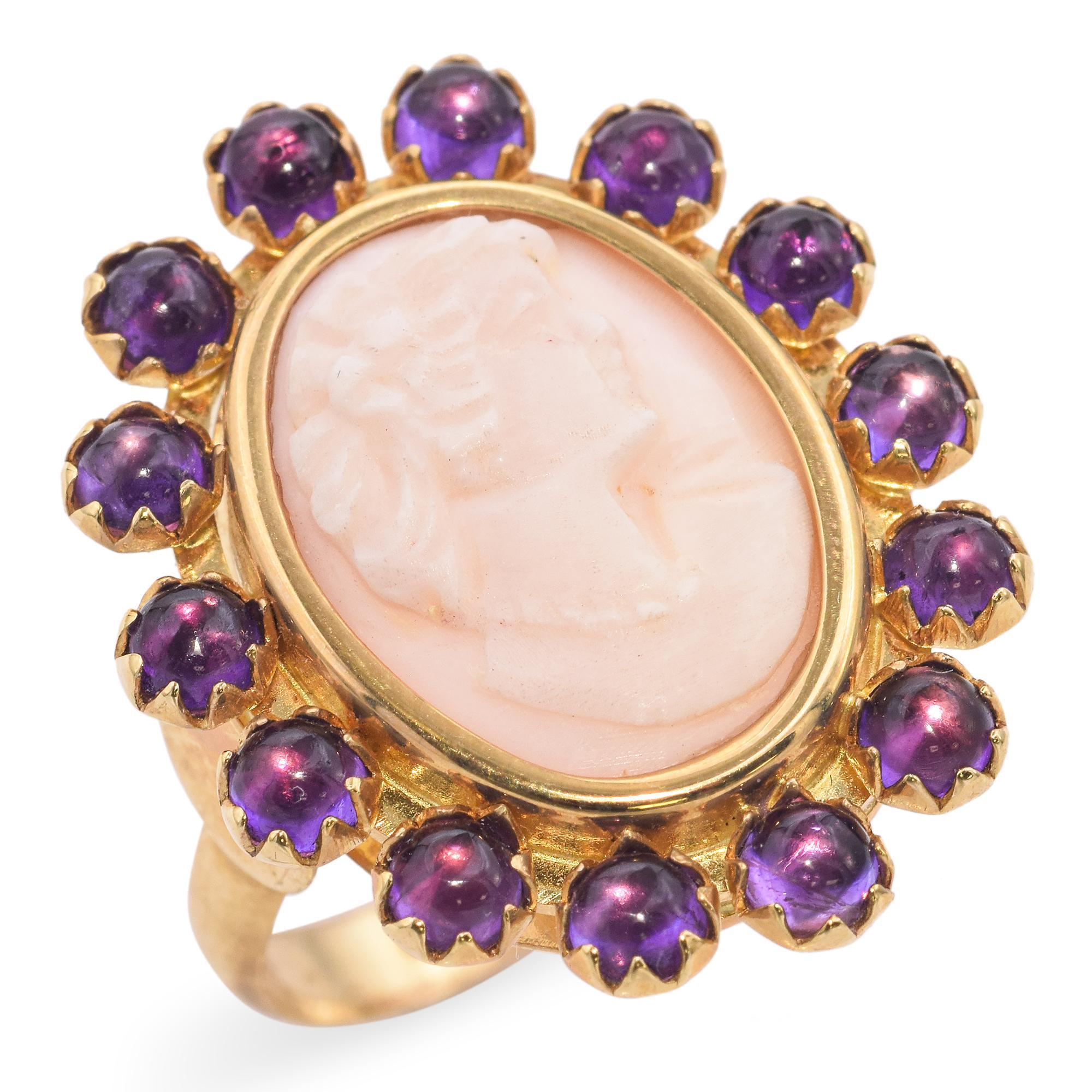 Vintage Rossana Italien 14K Gelbgold Rosa Muschel-Kamee Amethyst-Cabochon-Ring Damen