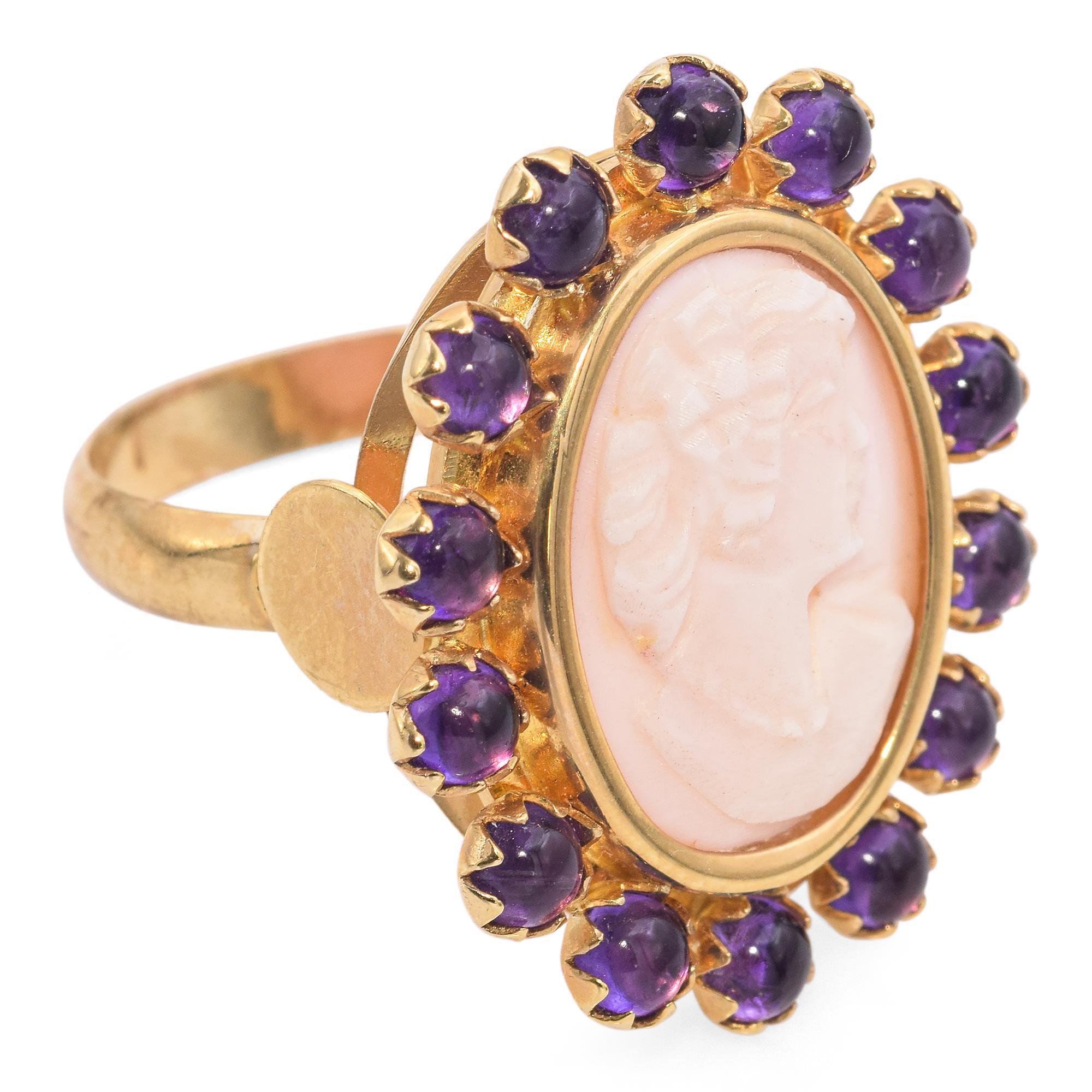 Vintage Rossana Italien 14K Gelbgold Rosa Muschel-Kamee Amethyst-Cabochon-Ring 2