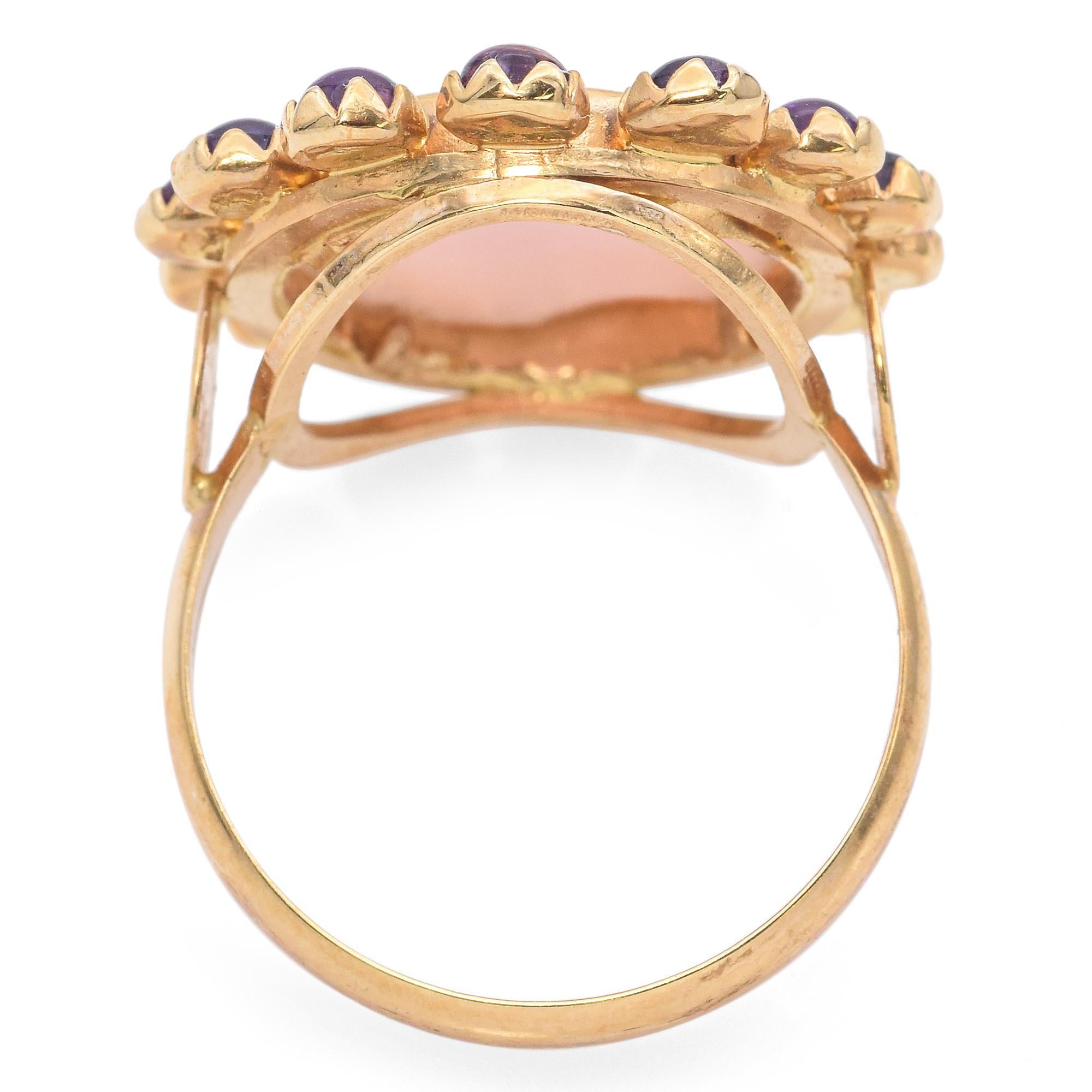 Vintage Rossana Italien 14K Gelbgold Rosa Muschel-Kamee Amethyst-Cabochon-Ring 3
