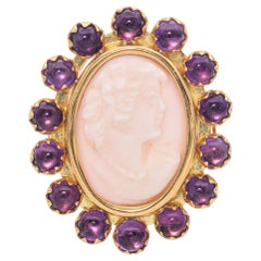 Vintage Rossana Italien 14K Gelbgold Rosa Muschel-Kamee Amethyst-Cabochon-Ring