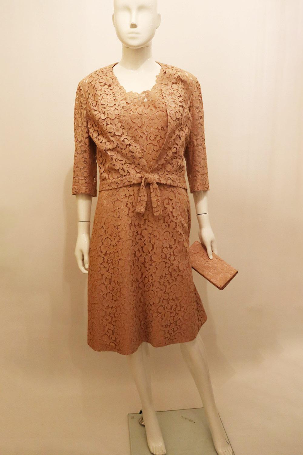 Women's Vintage Rossana Manzoni Pink Lace Dress, Jacket and Bag. For Sale