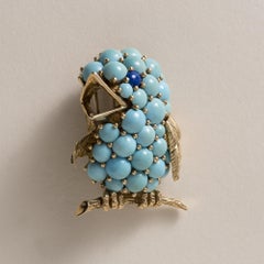 Vintage Rossi 18K Gold Turquoise & Lapis Lazuli Bird Brooch
